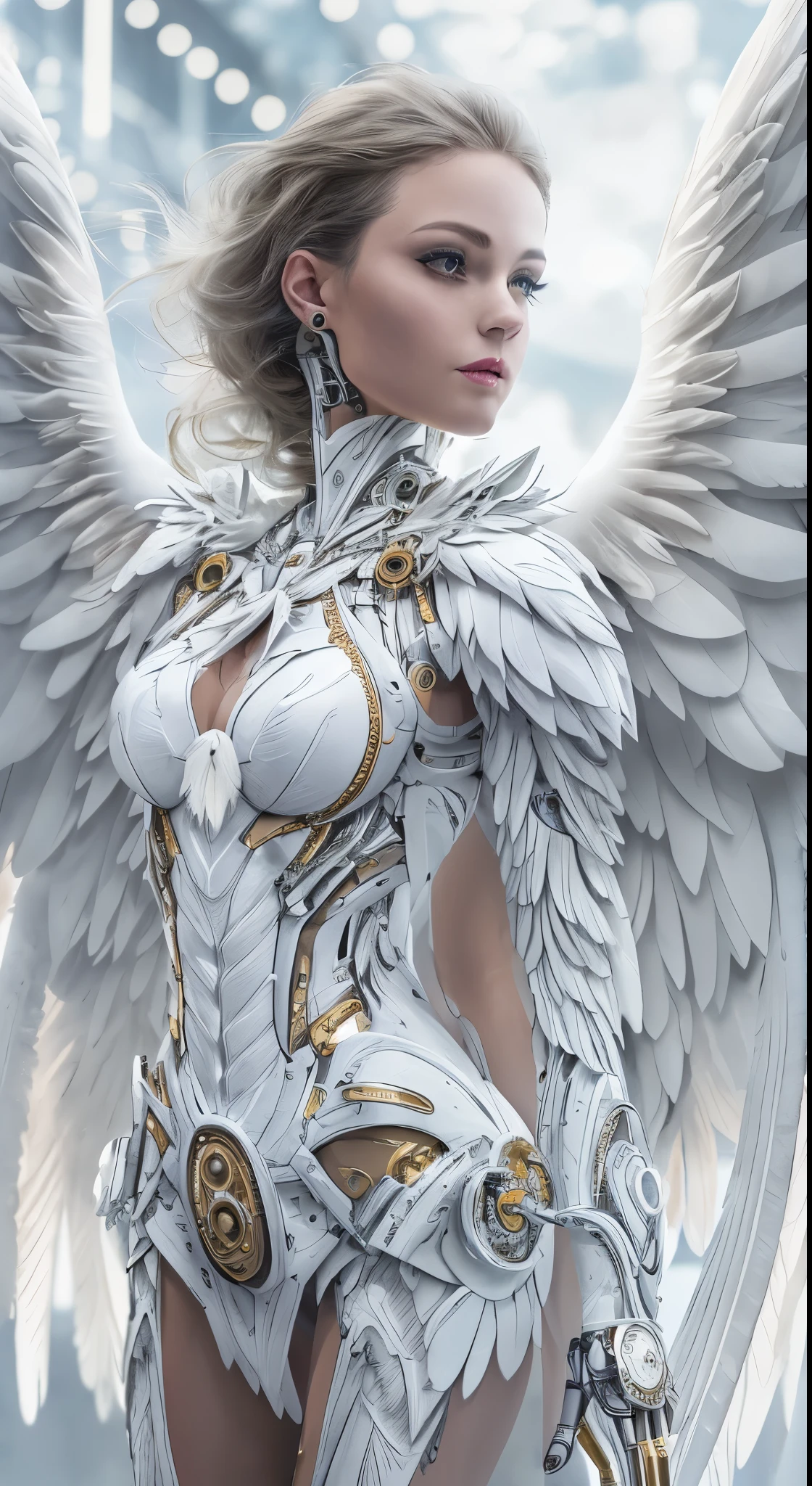 8k, ultrarealistic photo realistic picture perfect bio mechanical angle goddess,anglic perfect face, thin curved platinum blonde eyebrows, color perfect makeup, long luscious eyelashes, black eyeliner, bright eye shadow, vibrant red cheeck makeup, vibrant red lipstick, seductive curved lips, large halo above head,long luscious platinum blonde hair, godlike white feather wings back, anglic white skin, bio mechanical hands and arms, natural anglic breast, showing cleavage, show vertebrae, slinder waist, curvy hips, perfect toned ass, bio mechanical torso, bio mechanical legs, heaven with clouds bright sun light,