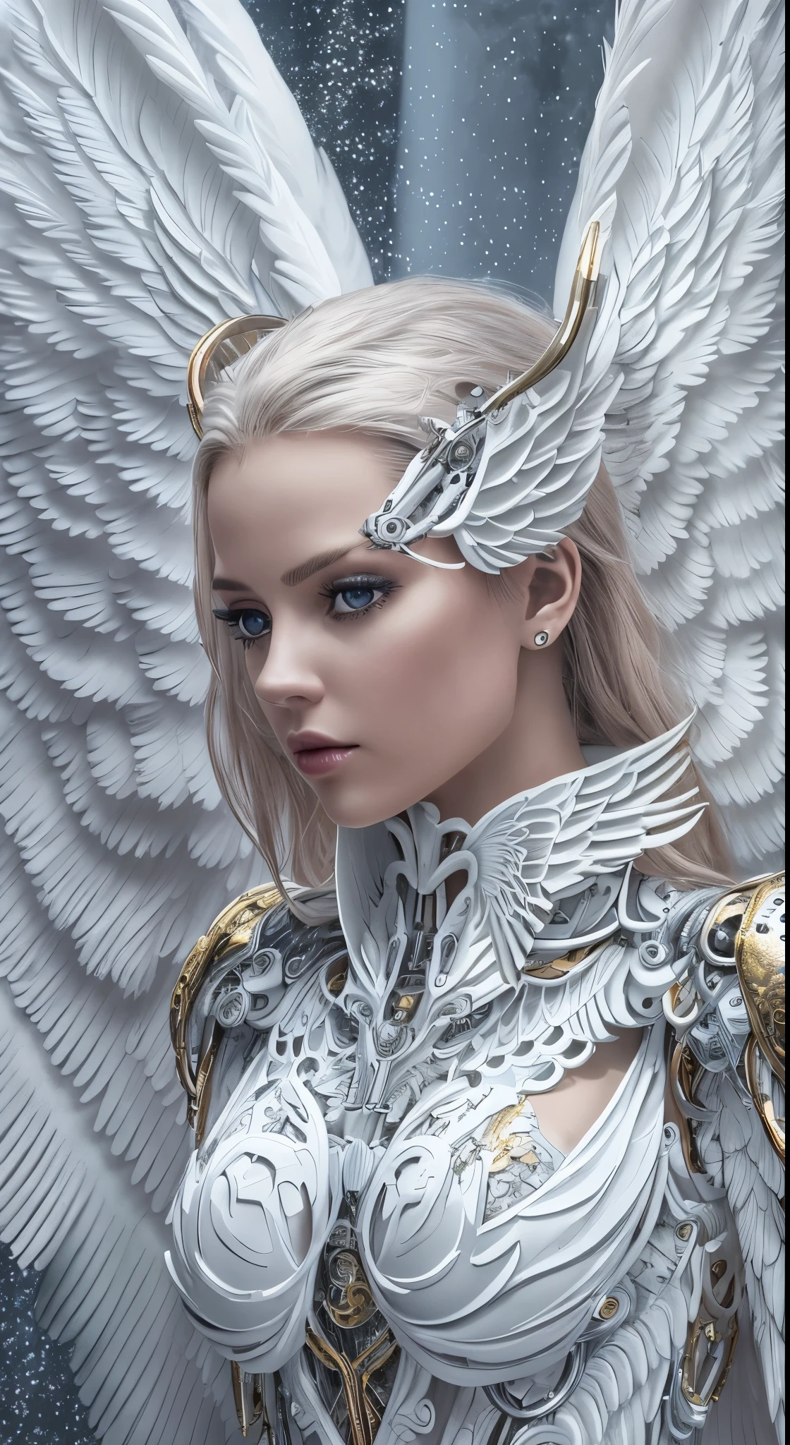 a close up of a woman in a white dress with wings, full body angel, futuristic robot angel, magnificent angel wings, angel knight gothic girl, angel in plastic armor, intricate costume design, as a mysterious valkyrie, whole body made of white feathers,, futuristic and fantastic, white wings, beautiful angelic wings, steampunk angel, beautiful cyborg angel girl, graceful wings