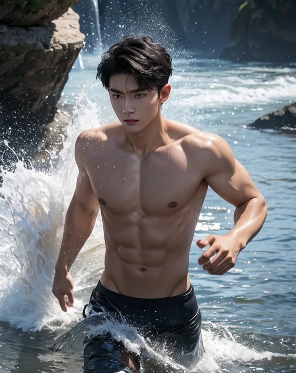 High quality, masterpiece, highly detailed, 8k, perfect face, perfect body, realistic, photogenic, man, male, Asian, young, black hair, comma hair cut style, handsome, detailed eyes, beautiful detailed nose, realistic body, realistic light, comfortable expressions, cute guy, sweat guy, cool guy, full body, mascular, water element, water bender, shirtless