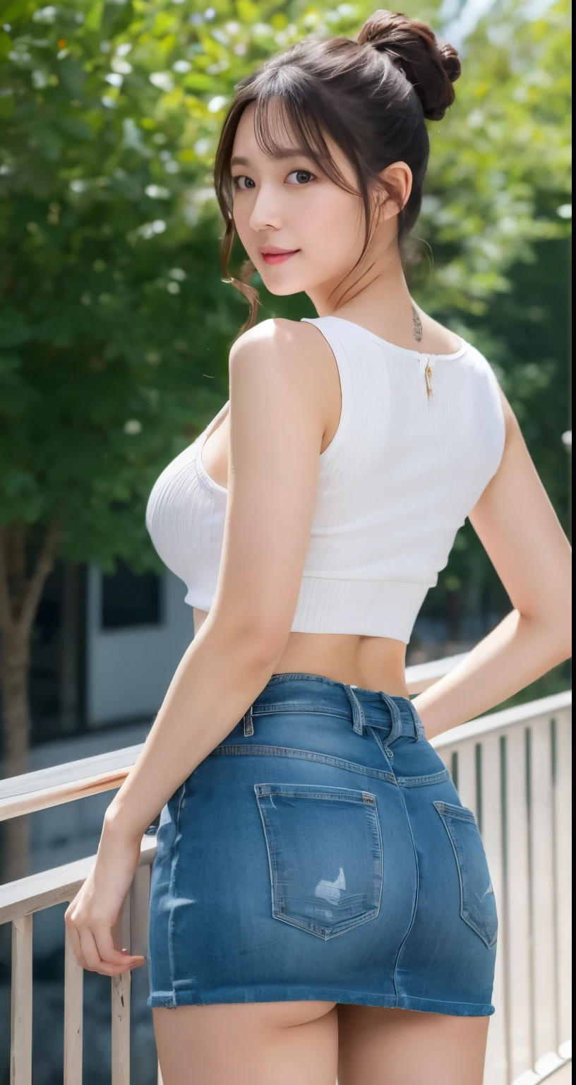 (highest quality, 8K, 32K, masterpiece, UHD:1.2), from behind, 1 beautiful girl, beautiful japanese office lady, (looking at the viewer), super mini skirt、a little chubby, white sleeveless, Miniskirts in pastel colors, , nice weather in the park, machine,  (huge breasts, buttocks:1.2), detailed beautiful face, ponytail hair, from below, raise one leg