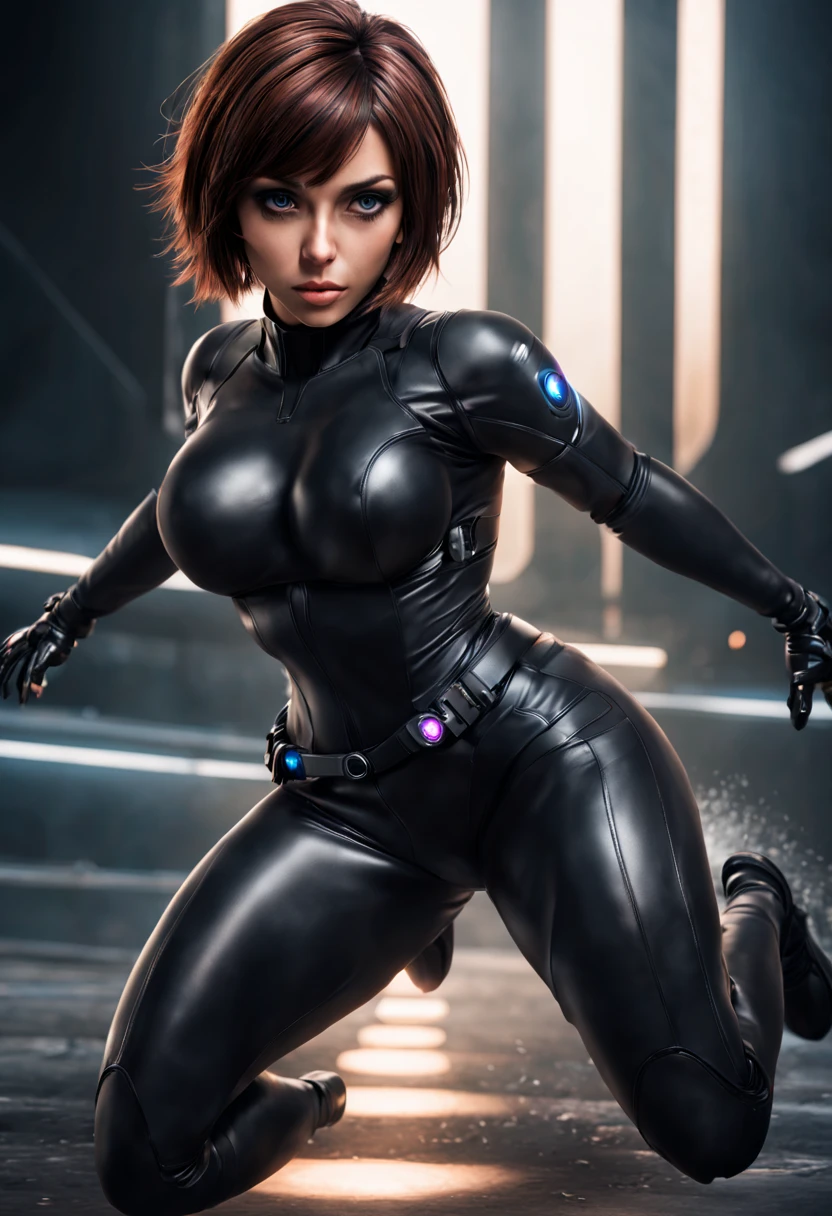 ((best quality)), ((master piece)), (very detailed:1.3), (delicate big eyes:1.9)3D, big breasts beautiful (cyberpunk characters:1.3) Female hacker with short brown hair poses for photo, computer servers, LCD Screen, fiber optic cable, company logo, HDR(high dynamic range), ray tracing, NVIDIA RTX, super resolution, unreal 5, Scattered beneath the surface, PBR texture, Post-processing, anisotropic filtering, Depth of bounds written, maximum clarity and sharpness, multilayer texture, Albedo and specular maps、surface coloring、Accurate simulation of light-matter interactions、perfect proportions、Rendering with Octane、two tone lighting、Low ISO、White balance、rule of thirds、wide aperture、8K raw data、High efficiency subpixel、subpixel convolution、luminescent particles