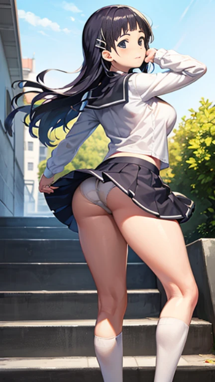 highest quality、8K、one girl，full body figure、Middle school students、very big boobs，big boobs、Naoha Kirigaya、perfect 5-fingered hands、school uniform、mini skirt、I can see white panties、whitepanty、shy face、perfect thing、big breasts、two perfect arms、two perfect legs、detailed description、small details、detailed face、white skin、going up stairs、turn around、look back、Pose that emphasizes the buttocks、back view、Voluptuous legs、lift skirt、Skirt flip、erotic pose、kirigaya suguha