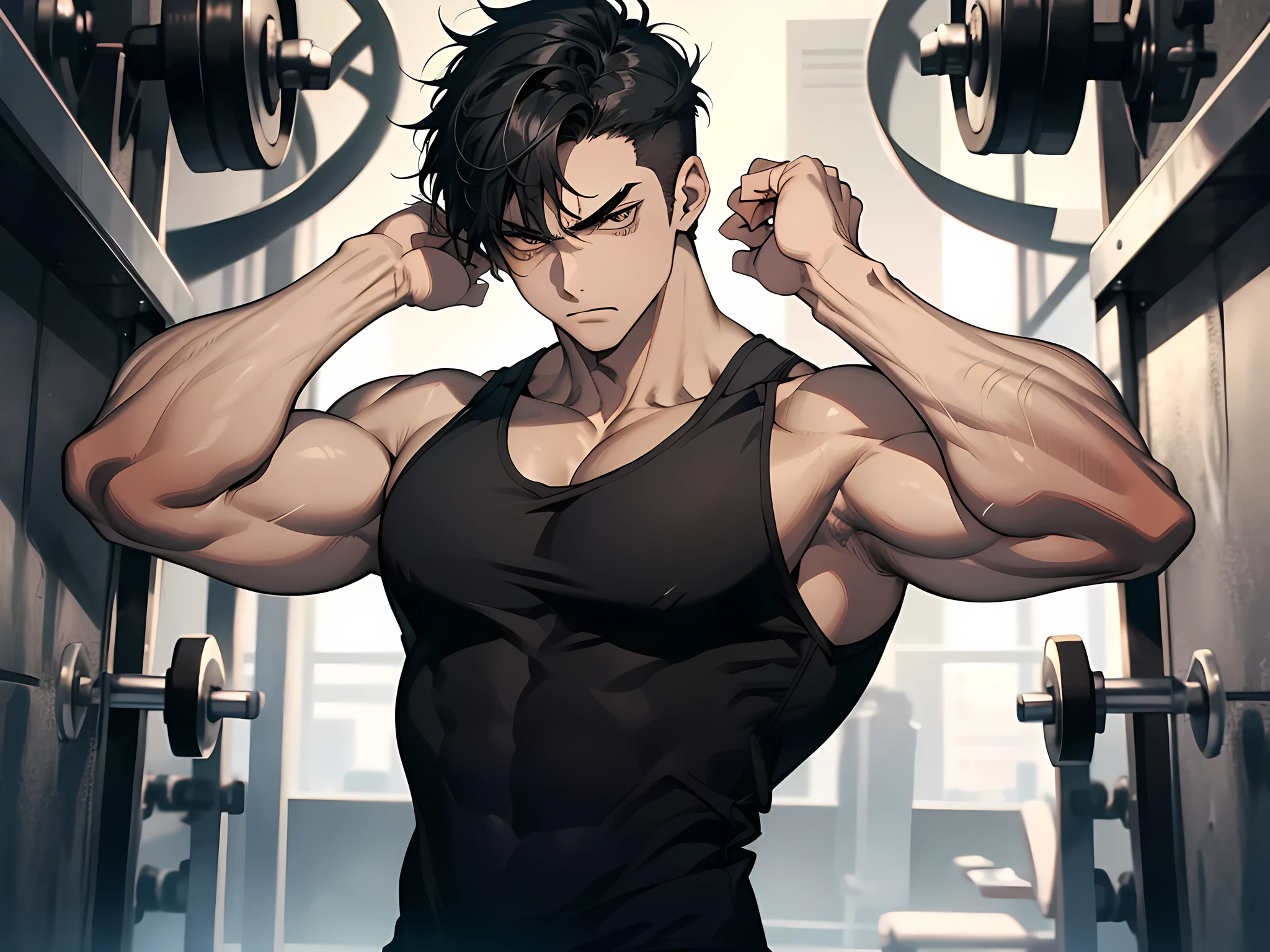 1 man, wearing black tank top, black hair, short hair, angry facial expression, muscular body, flex his muscle, face to detail, detailed eyes, the background is gym, perfect hands, full body photo