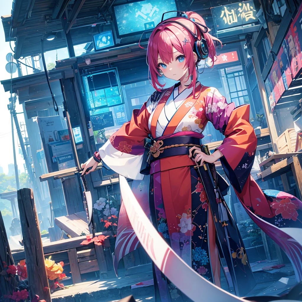 computer世界の風景、colorful kimono、one girl、headphones、(arms、Katana、have a weapon)、like the photo、fantasy、computer、