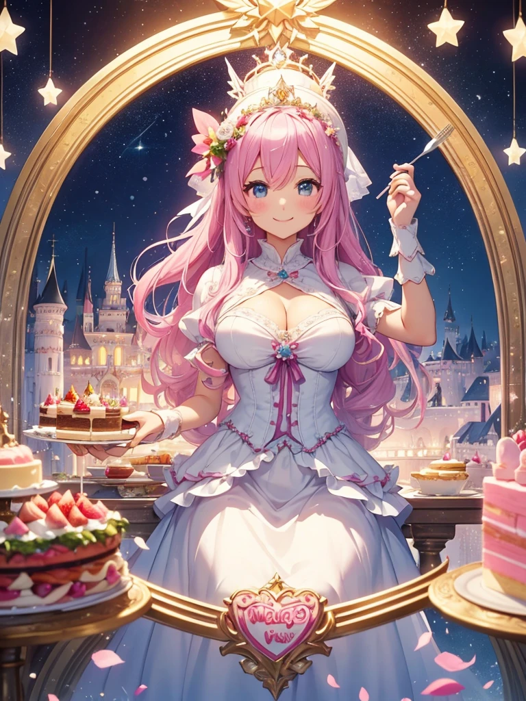 highest quality、Highest image quality、masterpiece、A castle made of a giant cake measuring 300 centimeters in height、、close up cake、Esbian、High quality、beautiful art、background((starry ski)))muste piece、visual art、Depth of bounds written、city of cakes、cake palace、、magic of light、、harp melody🎵、A happy smile、pink hair、gentle light、Beautiful fairy eats cake with a fork、ticker beautiful decorative、mystical　rosa、　、amazing strawberry cake、celebration！anniversary、myth、Art nouveau friendly smile、party、🍰huge cake for party、delicious、super huge cake 3 meters、castle made of cake　fairy tales、palace of cake hansel and gretel