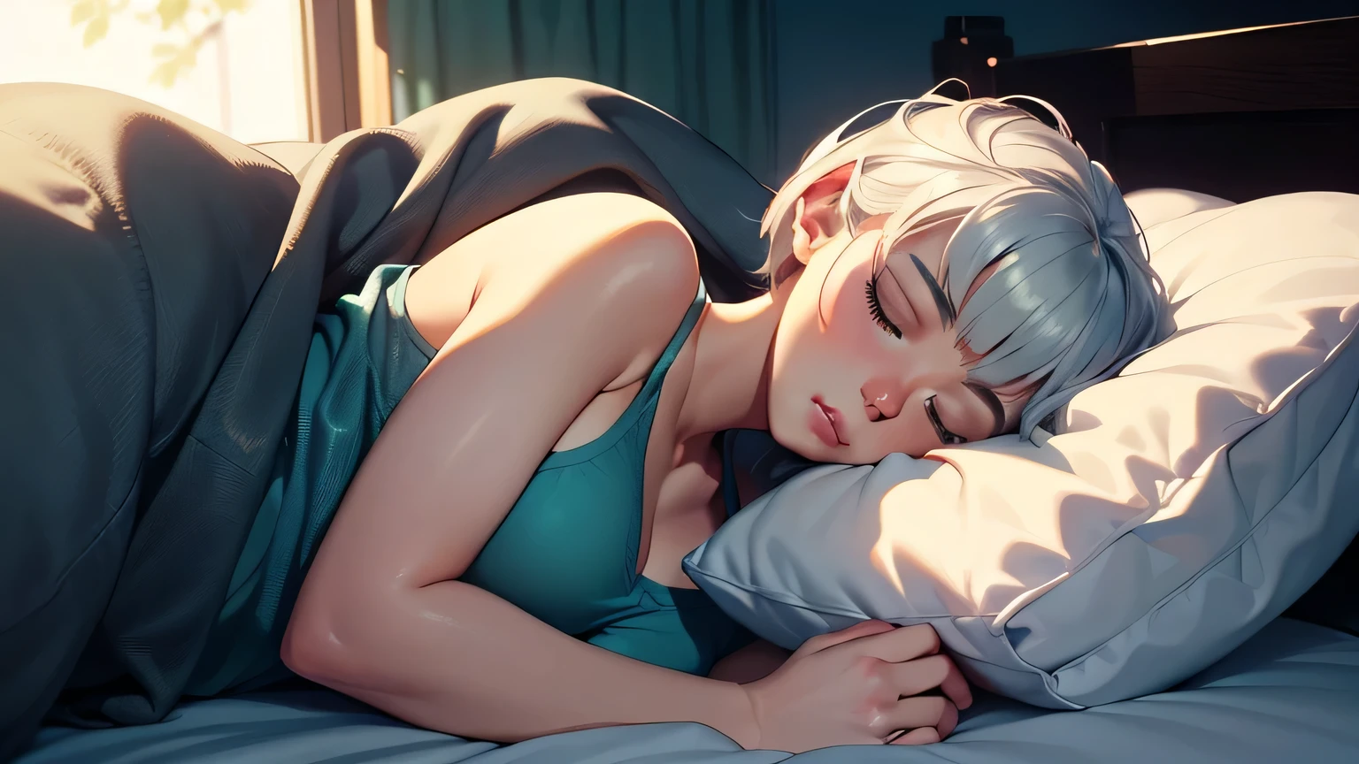 (masterpiece, best quality), photorealistic, cinematic, anime girl, 1 girl, ((wide shot:1.5)), head to toe visibility, perfect anatomy, curvaceous body, alluring, perfect eyes, ((lips slightly parted:1.5)), perfect hands, large breasts, round ass, long round legs, in peaceful slumber, ((the woman with silver hair sleeps serenely:1.5)), ((textured Pixie cut haircut:1.5)), ((her hair cascades over the pillow:1.5)), ((her nightwear is a night shorts with a tank top)), (((hugging a pillow between legs:1.2))), her blanket echoes the calmness of the ocean, a soft aqua color with a delicate pattern resembling ripples on water, cradling her in a sea of dreams, extremely detailed Artgem, ig model, artgem, alena aenami and artgem, krenz cushart and artgem, artgem and atey ghailan