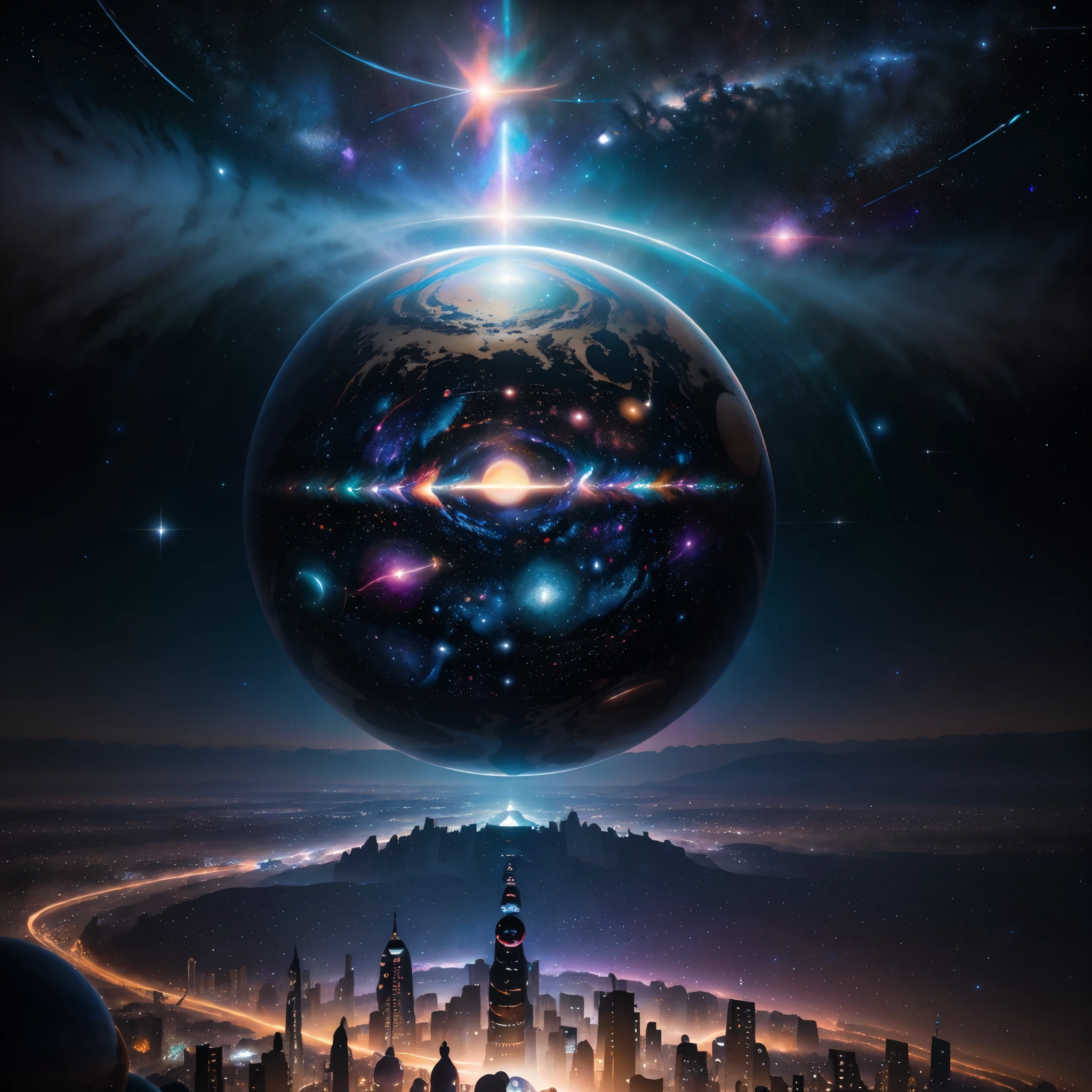 Create a surreal and vibrant cosmic scene featuring geometric shapes, celestial bodies, and an intricate cityscape. The scene should be centered around a glowing sphere emitting radiant light. The background should be filled with stars and galaxies, giving it a deep space atmosphere.