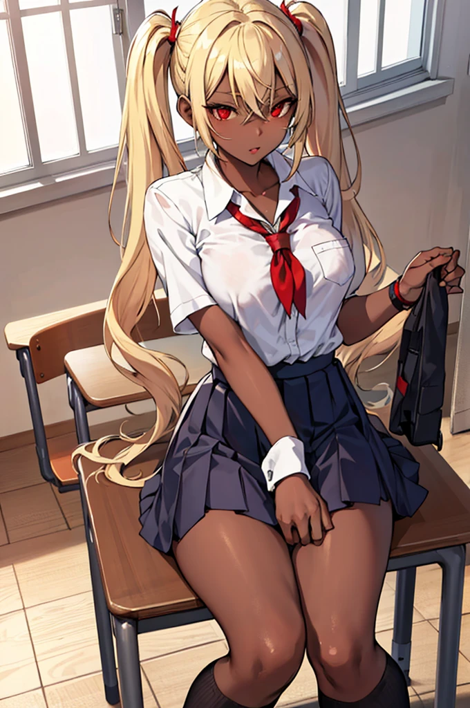 (masterpiece:1.2, best quality), 1lady, solo, school uniform, classroom, day, sit, blonde, twintails, red eyes, open collabone, darkskin, (open breasts:1.1),