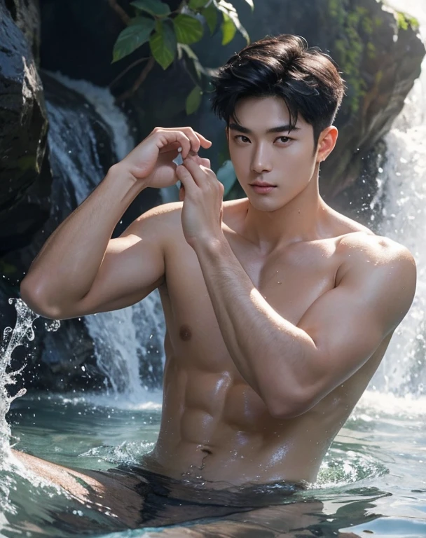 High quality, masterpiece, highly detailed, 8k, perfect face, perfect body, realistic, photogenic, man, male, Asian, young, black hair, comma hair cut style, handsome, detailed eyes, beautiful detailed nose, realistic body, realistic light, comfortable expressions, cute guy, sweat guy, cool guy, full body, mascular, water element, water bender, shirtless