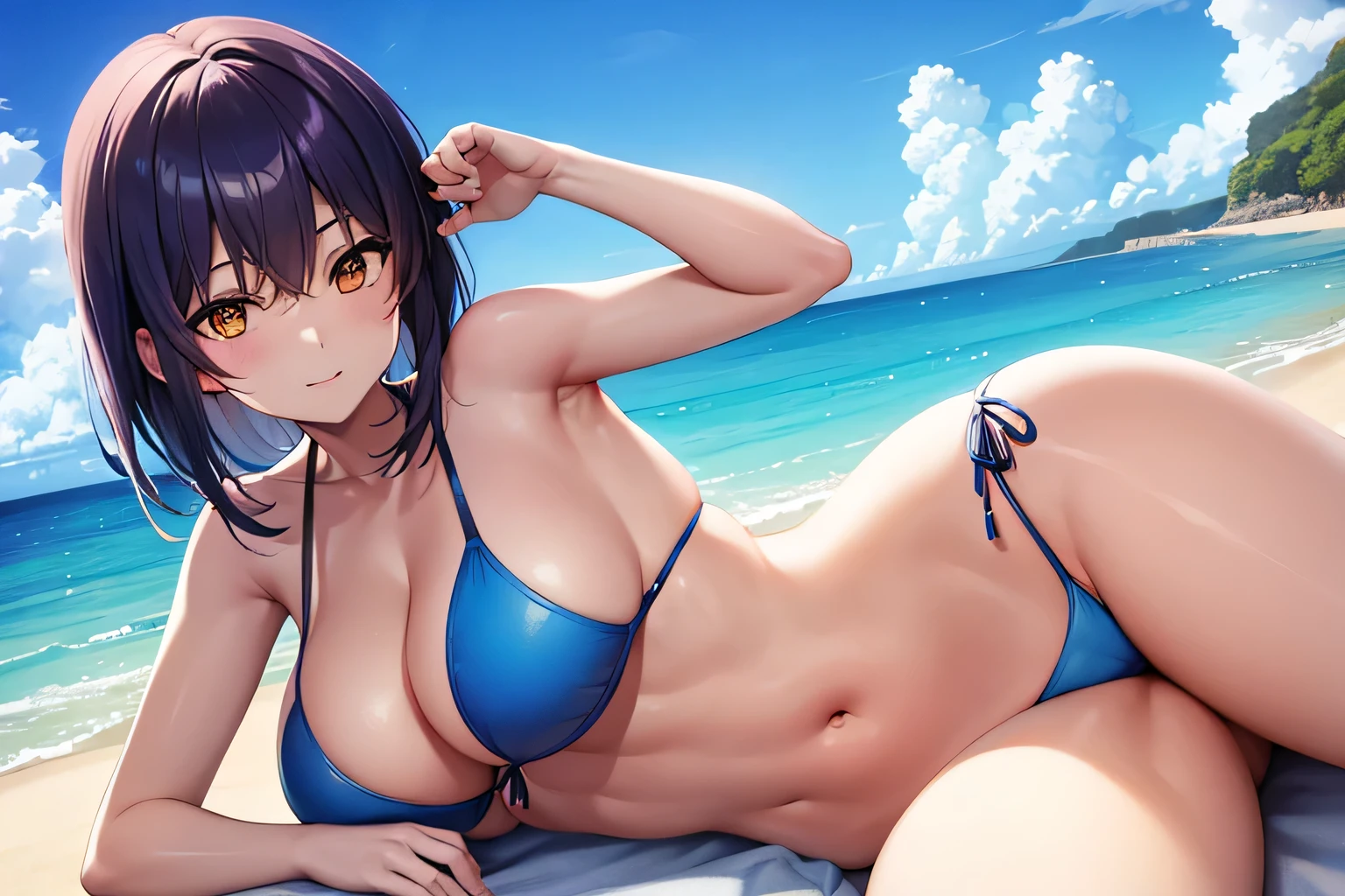 1 chica, bikini azul, senos grandes, pose sensual, acostada en la playa
