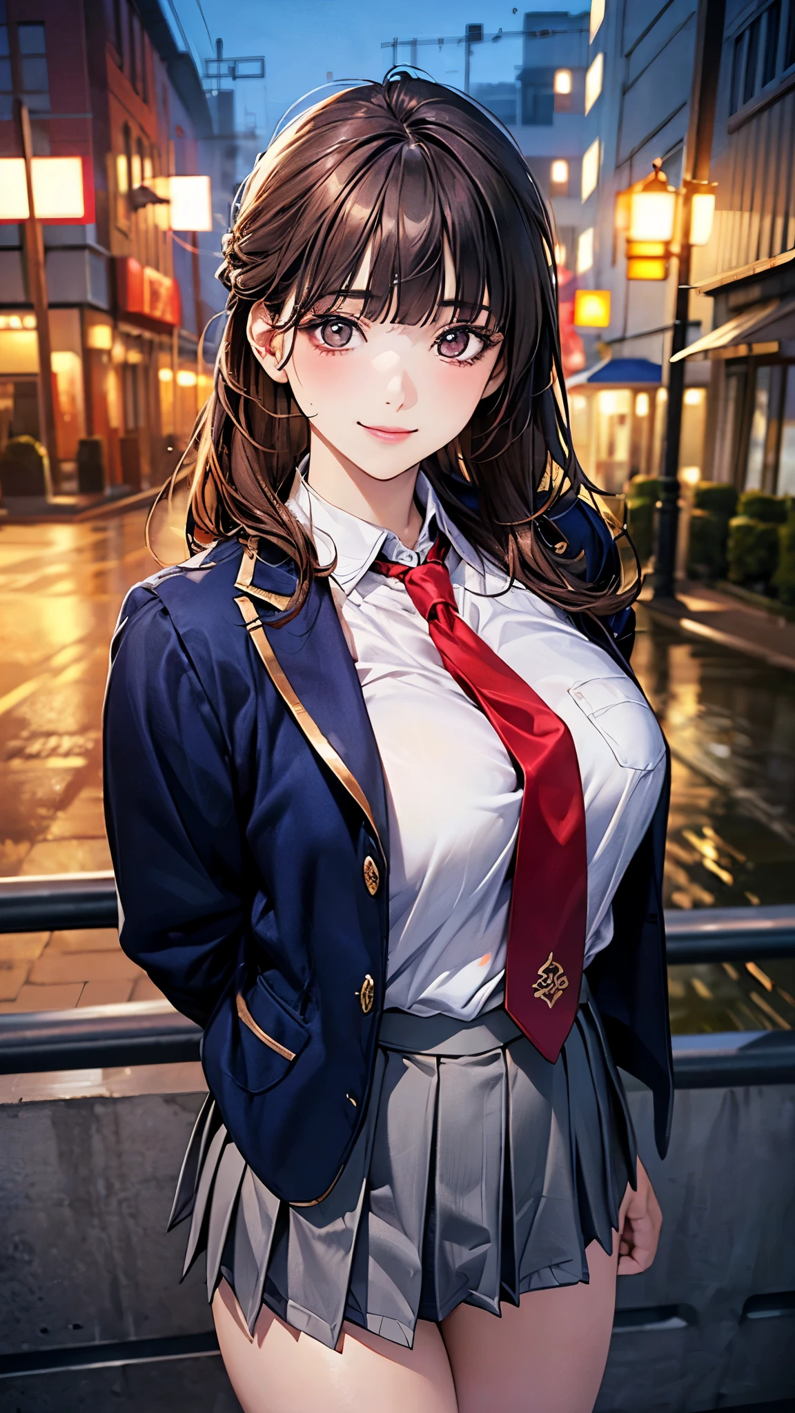 (masterpiece:1.2, top-quality), (realistic, photorealistic:1.4), beautiful illustration, (natural side lighting, movie lighting), nsfw, 
looking at viewer, cowboy shot, front view:0.6, 1 girl, japanese, high school girl, perfect face, cute and symmetrical face, shiny skin, 
(long hair:1.6, half updo:1.5, brown hair), blunt bangs, gold eyes, long eye lasher, (large breasts:0.8, thick thighs), 
beautiful hair, beautiful face, beautiful detailed eyes, beautiful clavicle, beautiful body, beautiful chest, beautiful thigh, beautiful legs, beautiful fingers, 
(((navy jacket), white collared shirts, grey pleated mini skirt, black socks, black loafers, red tie)), 
(beautiful scenery), evening, riverside, standing, (half-closed eye,lovely smile, upper eyes), 