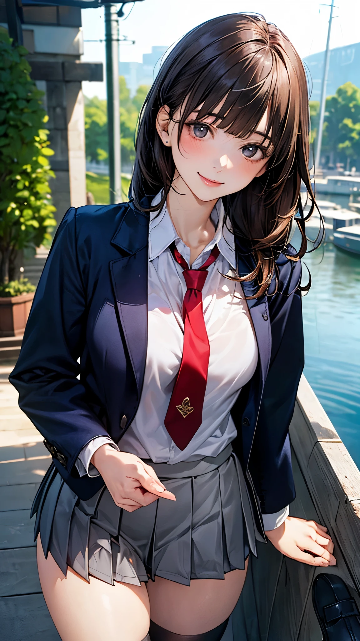(masterpiece:1.2, top-quality), (realistic, photorealistic:1.4), beautiful illustration, (natural side lighting, movie lighting), nsfw,
looking at viewer, cowboy shot, front view:0.6, 1 girl, japanese, high school girl, perfect face, cute and symmetrical face, shiny skin,
(long hair:1.6, half updo:1.5, brown hair), blunt bangs, gold eyes, long eye lasher, (large breasts:0.8, thick thighs),
beautiful hair, beautiful face, beautiful detailed eyes, beautiful clavicle, beautiful body, beautiful chest, beautiful thigh, beautiful legs, beautiful fingers,
(((navy jacket), white collared shirts, grey pleated mini skirt, black socks, black loafers, red tie)),
(beautiful scenery), evening, riverside, standing, (half-closed eye,lovely smile, upper eyes),