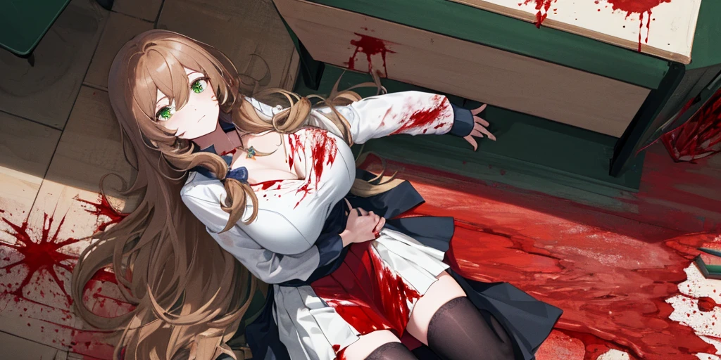 (absurdres,highres,ultra detailed,extremely detailed CG unity 8k wallpaper:1.3),
(((blood stained wall and floor,blood puddle))),
(((desolate alley,stone construction,ruins))), outdoors, (((broken room,cracks,Be scarred by the bullet holes,bullet-pocked))), abandoned hospital,
(detailed hair:1.3), cinematic lighting, clothes reflecting light, girl, solo, BREAK
(torn clothes:1.4), (torn dress,torn skirt:1.3), (torn:1.3),
(((lace panties,white panties,lace-trimmed,frills))), wearing panties, BREAK
(sitting on the floor,leaning back:1.4), (against the wall,broken wall:1.3), (arms at sides:1.3), ((slouching,spread legs)), (after rape:1.3), BREAK
(ryona,injury,grotesque:1.3), (blood on face,blood on body,blood on clothes:1.3),
(bleeding from head,face dripping blood:1.4), A lot of blood is overflowing from her clothes, ((dying,corpse)), (blood:1.3), BREAK
(Agnes Claudel,blonde hair,very long hair,low-tied long hair,hair ribbon:1.3), BREAK
(Agnes Claudel,green jacket,red necktie,black skirt:1.3), white collared shirt, open jacket, (plaid skirt), pleated skirt, , BREAK
(black thighhighs,wearing brown loafers:1.3),