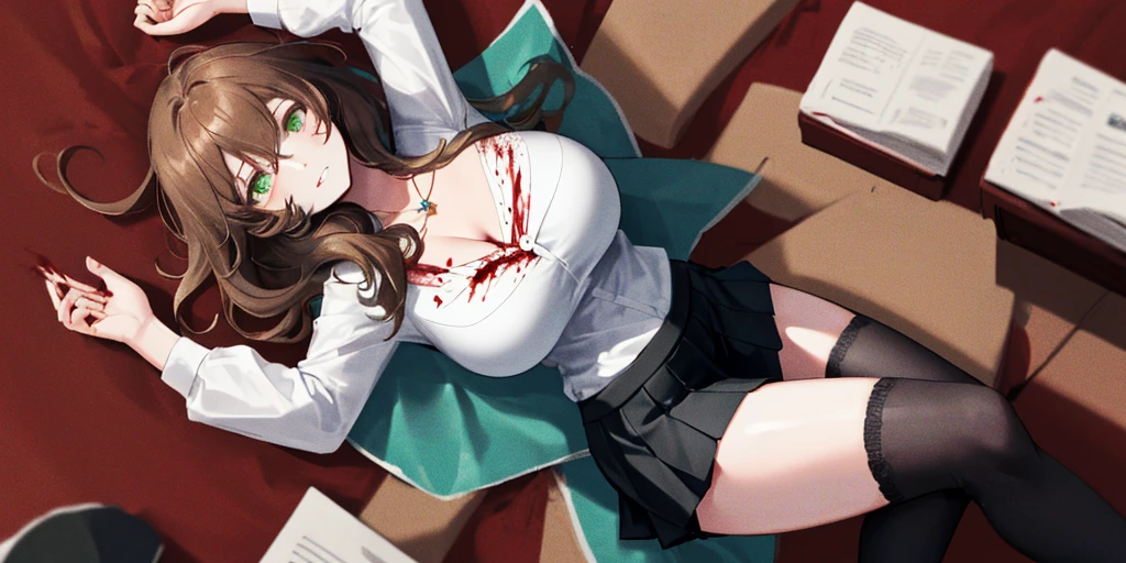 (Lie on the ground:1.2), Lisa, genshin impact, 1 girl, alone, ((white shirt)), black Thighhighs, huge breasts, cleavage, uniform, office background, black skirt, pleated skirt, office, hair between eyes, messy hair, large chest, long hair, ((Killed)), ((From above)), (cinematic lighting), (Put your arms on the ground), (Bloody ground), dutch angle, ((Sea of Blood)), ((Bloody Body)), (rape face), (((horror))), (Sagging hair), brown hair, red short nails, green eyes, alone, Thighhighs, thighs, very long hair, ((masterpiece)), ((highest quality)), classroom,  board, class board, 