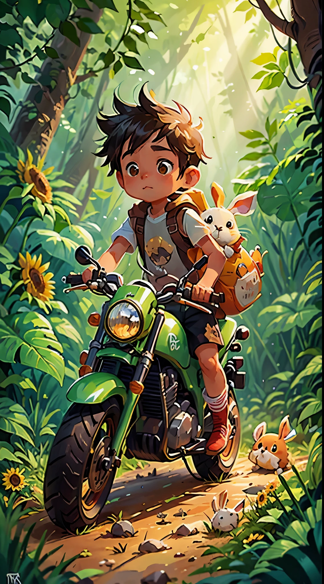 Little boy with her rabbit,n ride a motorcycle in the jungle road, nature, sunflowers