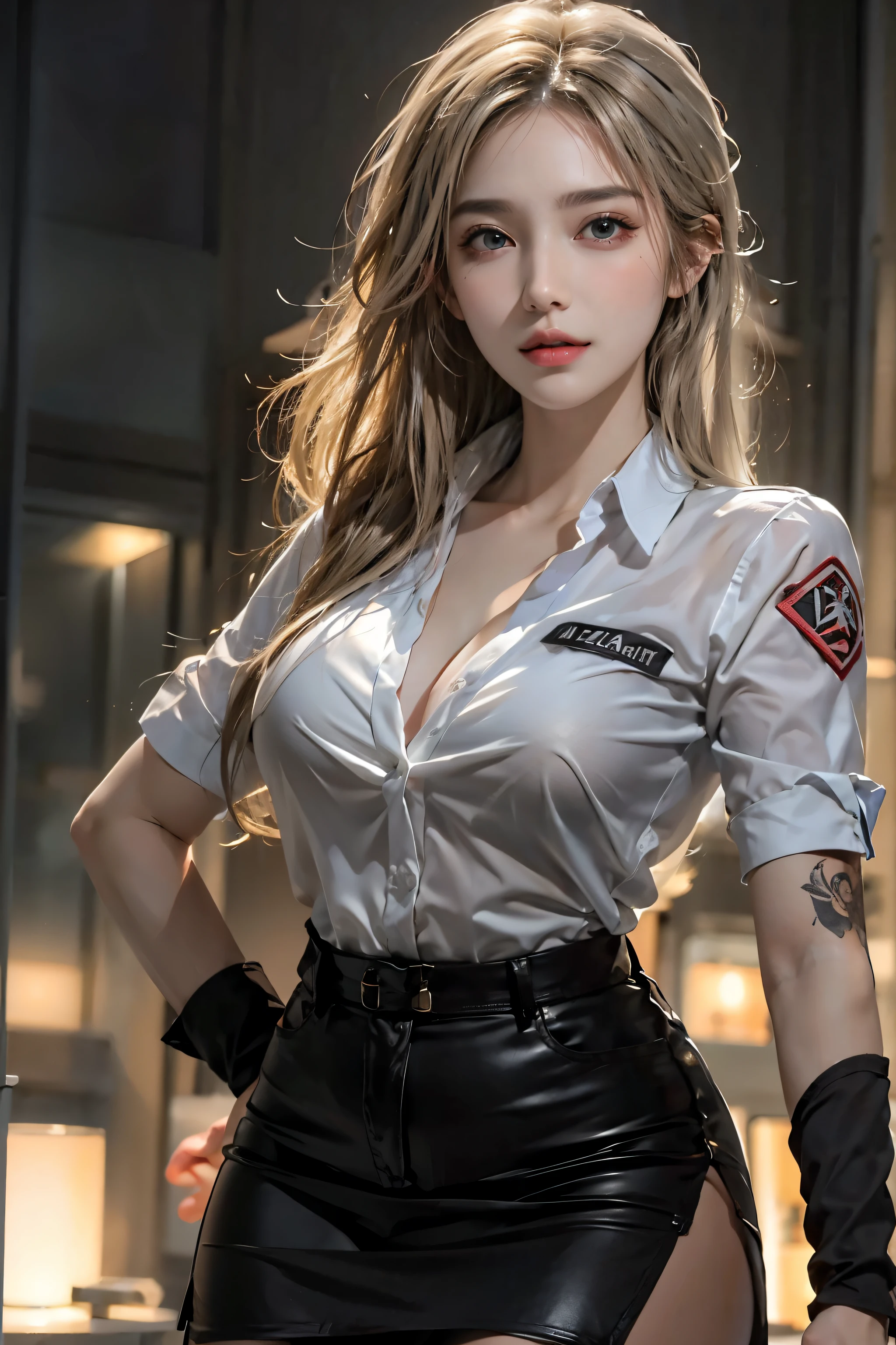 realistic, High resolution, soft light,1 female, alone, hip up, glowing skin, (detailed face),tattoo, jewelry, secretary clothes, white shirt, black skirt, black stockings, garter belt, night, blonde hair, wavy hair, Beautiful Soldier, Eyes that invite the viewer, spouse&#39;point of view, attractive appearance, sexy smile, perfect style, perfect balance, fine skin, naughty look, I can see your breasts