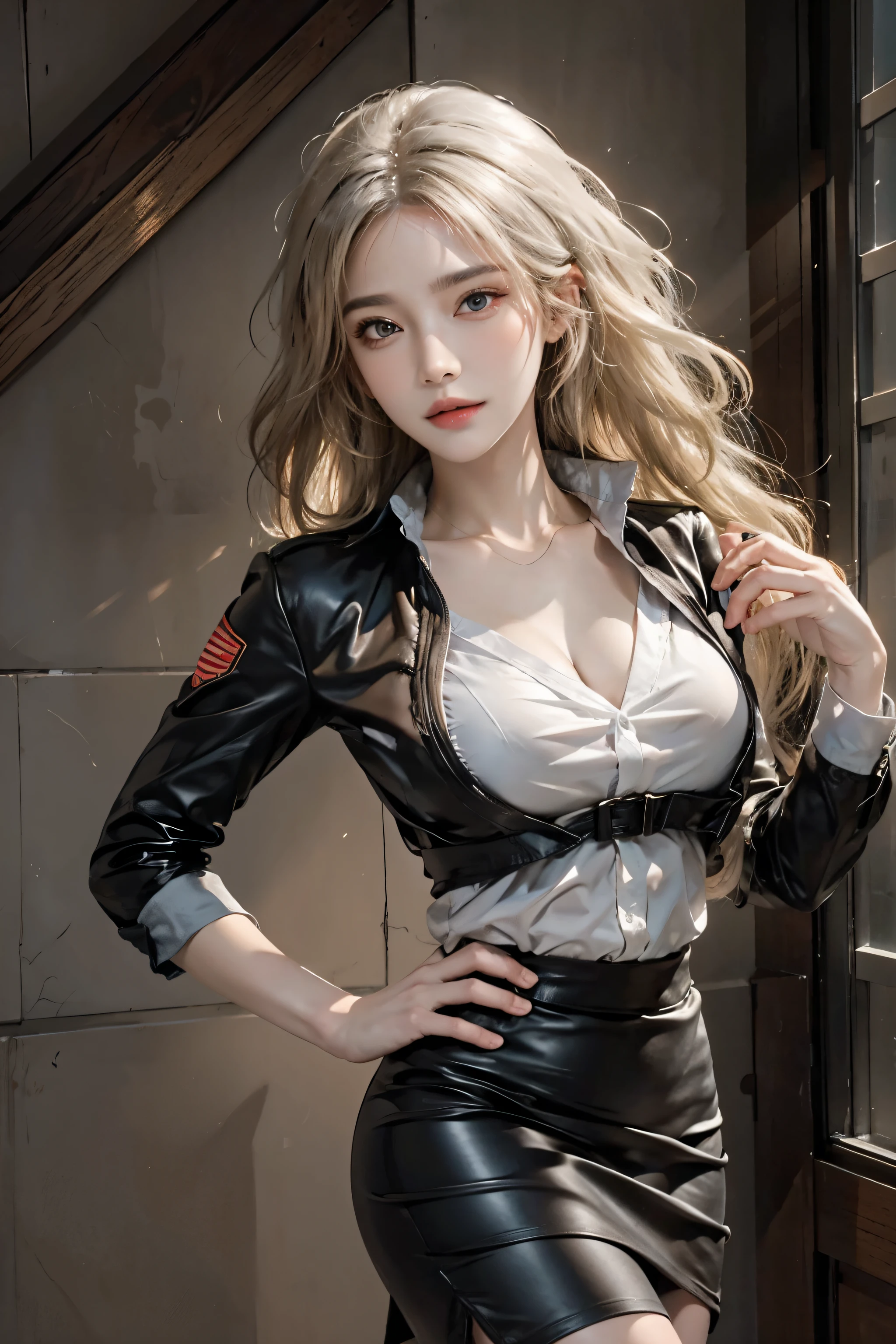 realistic, High resolution, soft light,1 female, alone, hip up, glowing skin, (detailed face),tattoo, jewelry, secretary clothes, white shirt, black skirt, black stockings, garter belt, night, blonde hair, wavy hair, Beautiful Soldier, Eyes that invite the viewer, spouse&#39;point of view, attractive appearance, sexy smile, perfect style, perfect balance, fine skin, naughty look, I can see your breasts