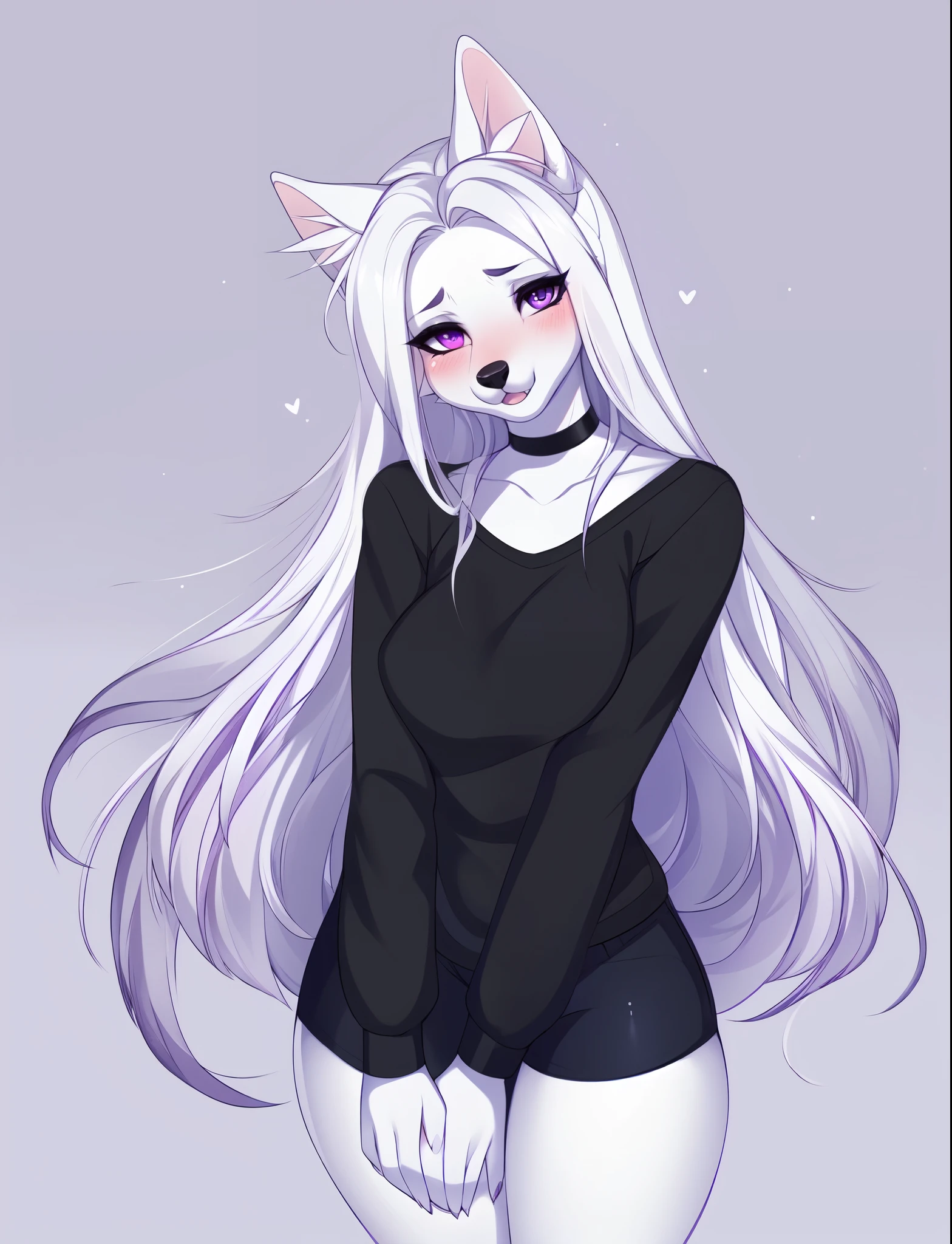 solo, female white wolf, beautiful detailed purple eyes, snout, by fumiko, by hyattlen, long white hair, straight hair, hair parted in the middle, black eyebrows, white wolf ears, cute white wolf tail, black nose, wearing black choker, long black sleeve shirt underneath, black shorts, full body shot, bashful pose, shy pose, sad eyes, mouth open, hands together, slightly turning away from viewer, blushing, mouth slightly open, no background, white background, standing