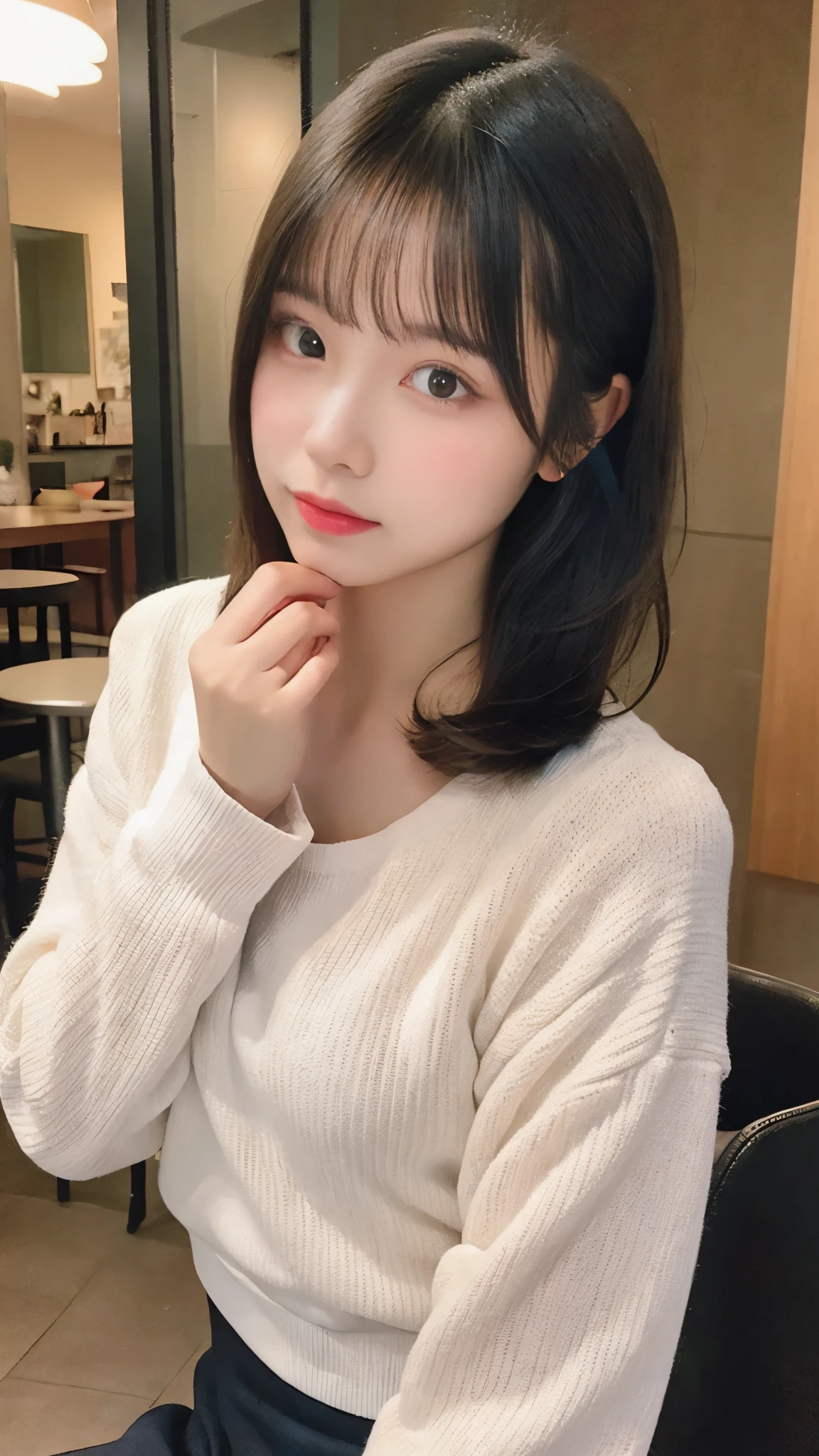 table top, highest quality, figure, super detailed, finely, High resolution, 8k wallpaper, 完璧なダイナミックな構figure, beautiful and fine eyes, woman&#39;s fashion fluffy winter clothes,medium hair,small breasts natural color lip, bold sexy pose、20 year old girl、cute、sexy shot looking at camera,RAW photo,anatomically correct body,blur the background,perfect and beautiful face,KPOP idol face,Slim face and body