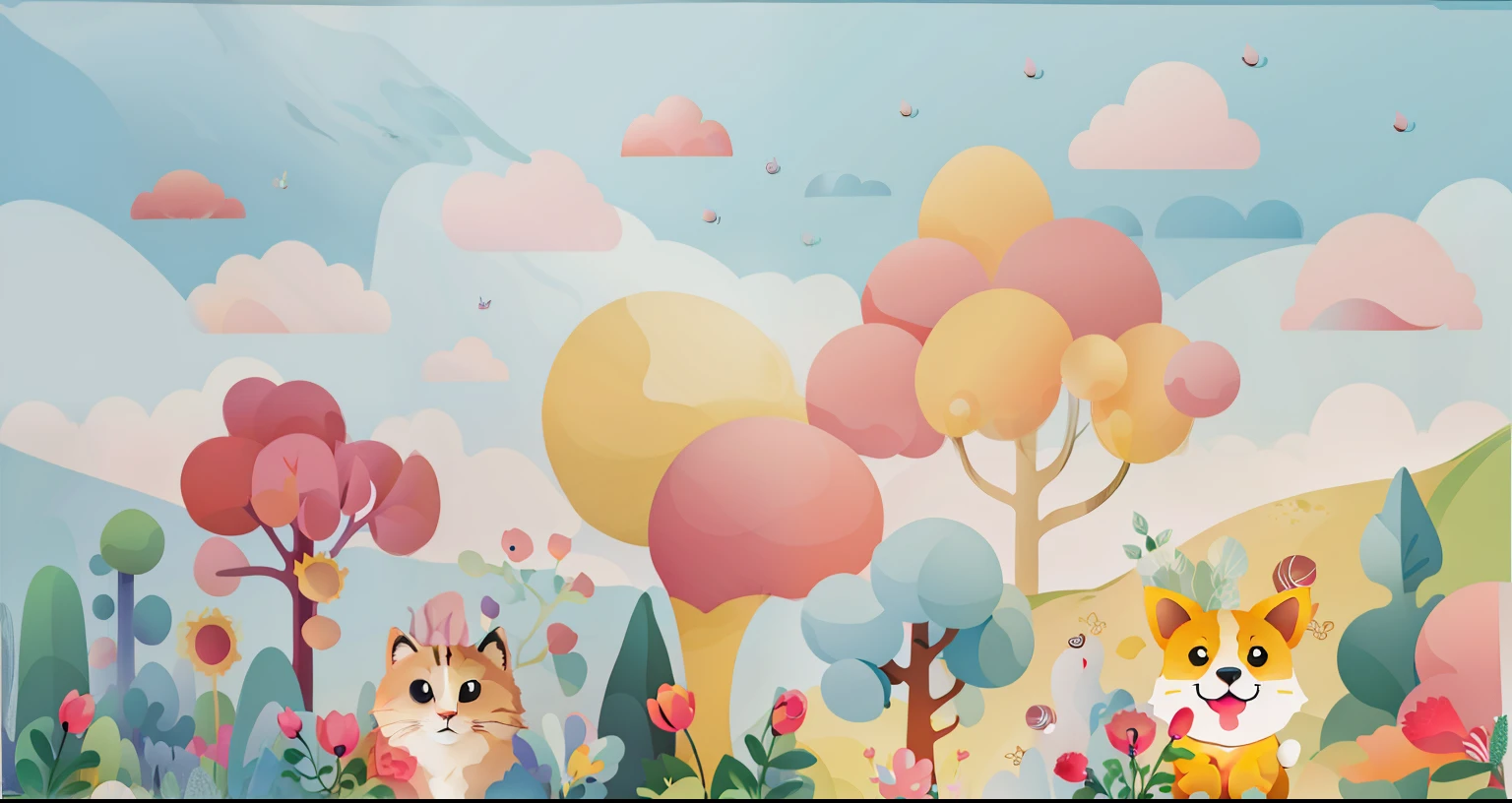 There are two cats standing on the grass, Candy Forest, soft forest background, Lovely numbers艺术, Fairy tale style background, Lovely numbers, hand painted cartoon art style, whimsical forest, Magic forest background, sky forest background, 4k high definition illustration wallpaper, Highly detailed scenes, kingdom of light background, Lovely and detailed digital art, Lying in Baiyun Wonderland