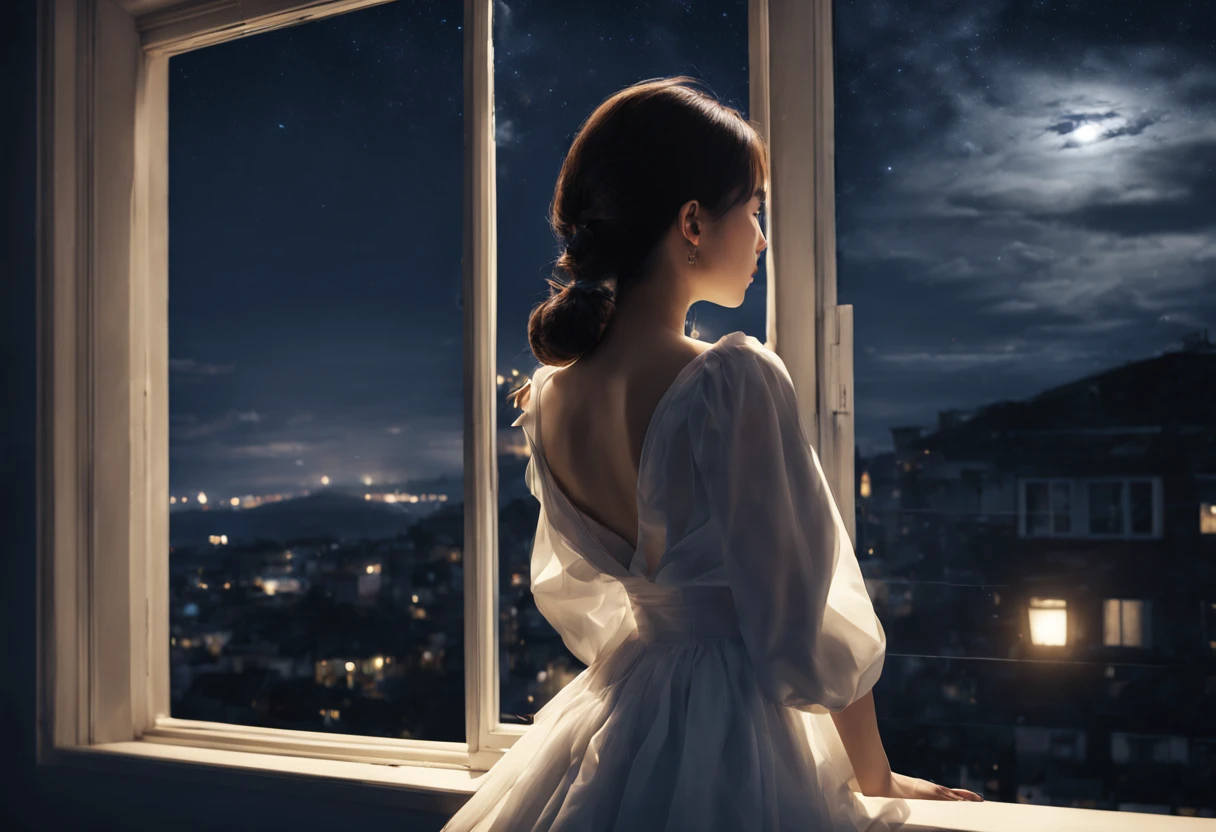 ((lean against the window))beautiful young woman((back view))、visible through the large window((night sky))、moonlight illuminating the whole thing。