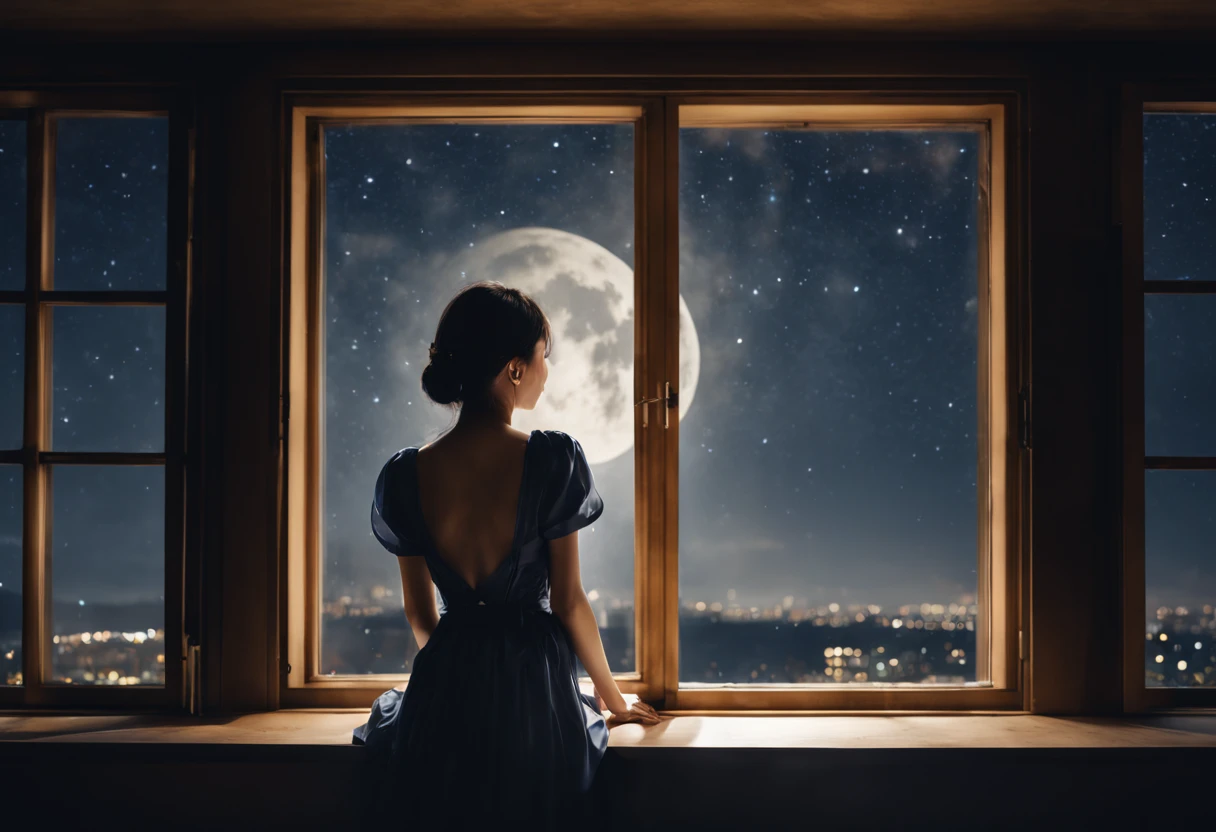 ((lean against the window))beautiful young woman((back view))、visible through the large window((night sky))、moonlight illuminating the whole thing。