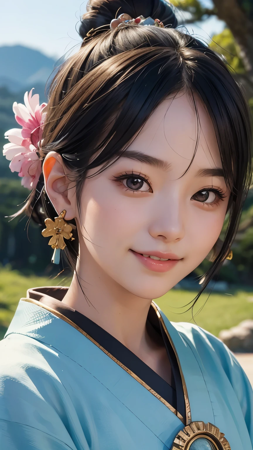 beautiful girl in Japanese mythological costume, front face, photo, an extremely delicate and beautiful, extremely detailed, Amazing, extremely detailed skin, (18 years old:1.2), cute girl, famous Japanese idol, kawaii, fair skin, shiny skin, chin thin, (smile:1.2), cute, young, extremely detailed nose, extremely detailed mouth, cute face, (realistic face:1.2), beautiful views, ancient japan