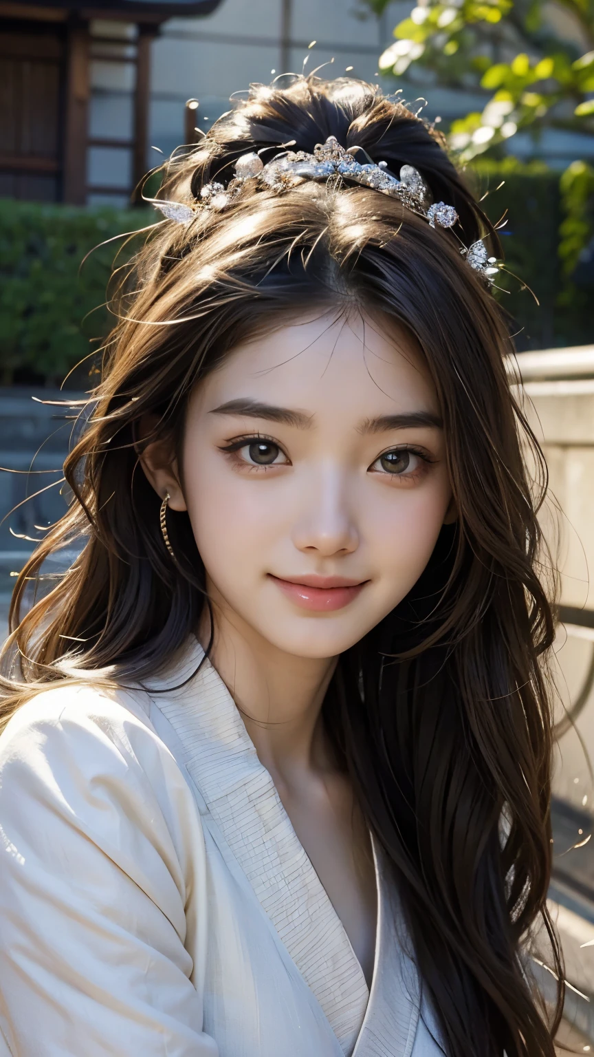 beautiful girl in Japanese mythological costume, front face, photo, an extremely delicate and beautiful, extremely detailed, Amazing, extremely detailed skin, (18 years old:1.2), cute girl, famous Japanese idol, kawaii, fair skin, shiny skin, chin thin, (smile:1.2), cute, young, extremely detailed nose, extremely detailed mouth, cute face, (realistic face:1.2), beautiful views, ancient japan