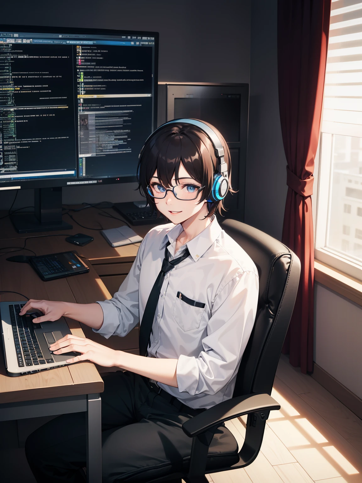 high quality, award winning, highres, 8k,1boys,IT skills, headphones,glasses,smile, Happy,white shirt with black tie,Black pants,using computer, coding,IT
