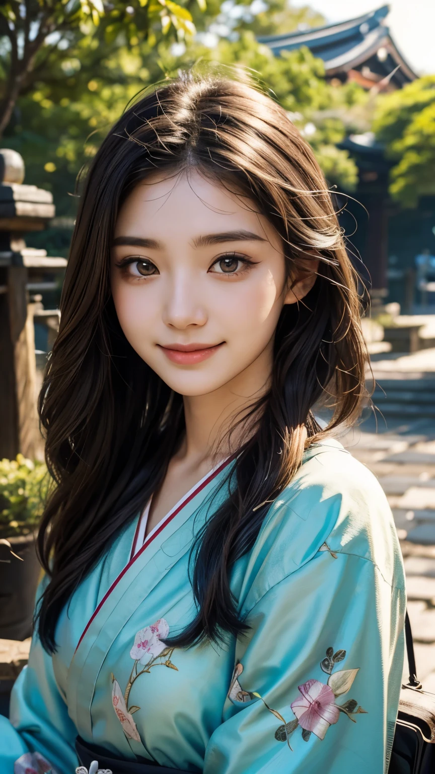 beautiful girl in Japanese mythological costume, front face, photo, an extremely delicate and beautiful, extremely detailed, Amazing, extremely detailed skin, (18 years old:1.2), cute girl, famous Japanese idol, kawaii, fair skin, shiny skin, chin thin, (smile:1.2), cute, young, extremely detailed nose, extremely detailed mouth, cute face, (realistic face:1.2), beautiful views, ancient japan