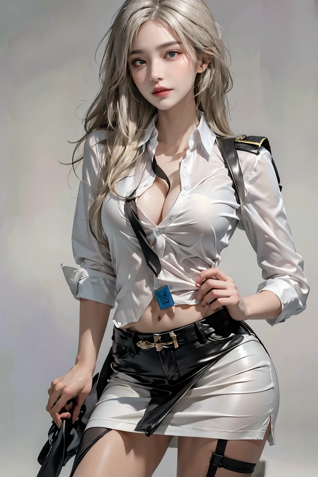 realistic, High resolution, soft light,1 female, alone, hip up, glowing skin, (detailed face),tattoo, jewelry, Secretarial Uniform, white shirt, black skirt, black stockings, garter belt, night, blonde hair, wavy hair, Beautiful Soldier, Eyes that invite the viewer, lover's perspective, an inviting look, sexy smile, perfect style, perfect balance, fine skin, naughty look, I can see your chest