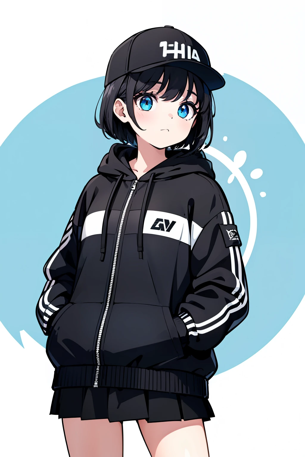 1girl, solo, blue eyes, (detailed eyes), short hair, black hair, black shirt, baseball cap, white cap, ((hooded jacket)), (closed jacket), black skirt, black socks, standing, upper body, Hands in pockets, (white background), Transparent background, ((masterpiece, illustration, best quality))