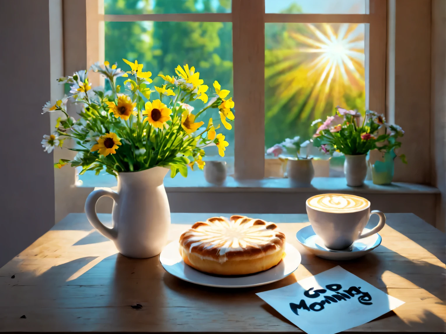 (Artistic photography:1,6), morning, wooden table, hot coffee latte, Bouquet of wildflowers, window, Sun rays, ray tracing, lighting from the window, shadows from objects, professional photo, on the table there is a paper plate with text "Доброе morning!"