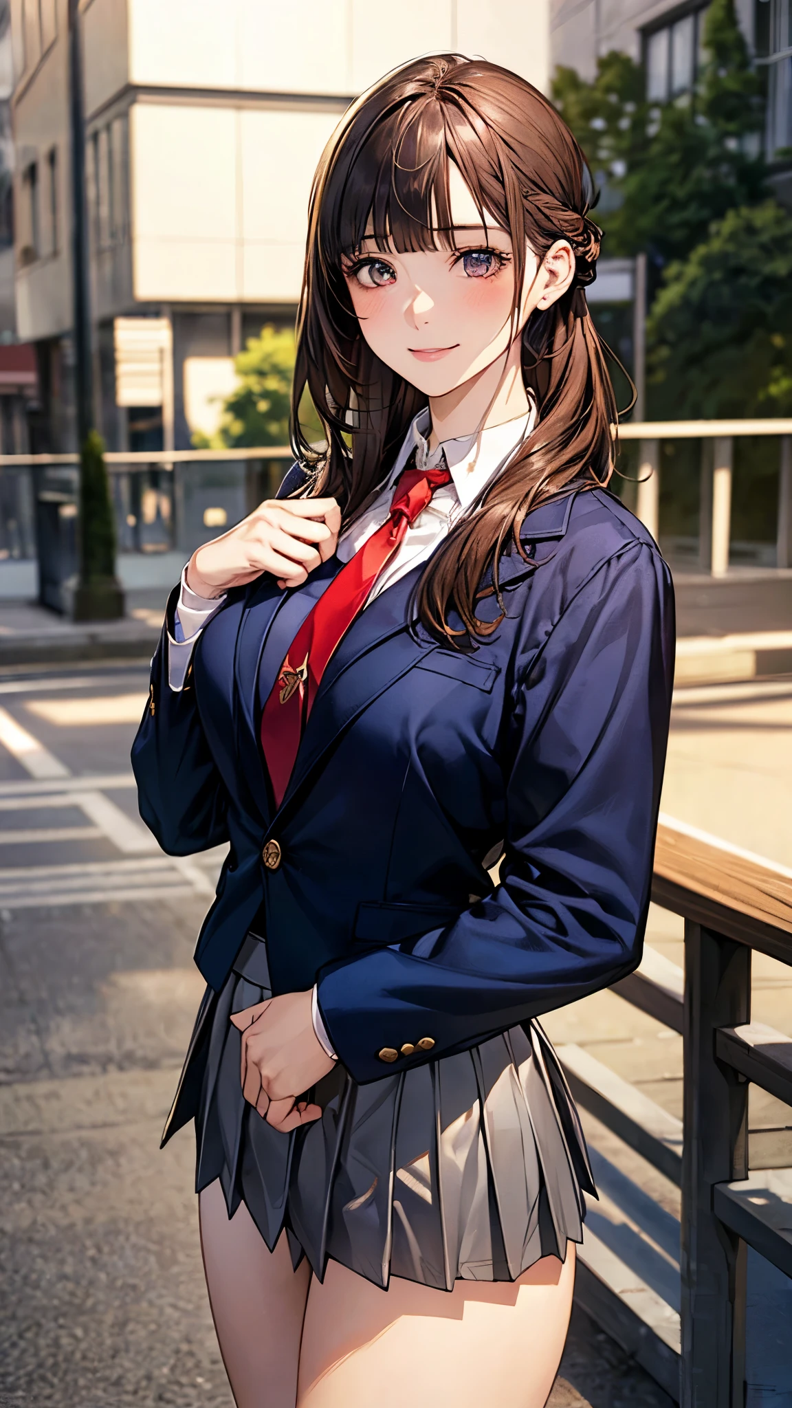 (masterpiece:1.2, top-quality), (realistic, photorealistic:1.4), beautiful illustration, (natural side lighting, movie lighting), nsfw, 
looking at viewer, cowboy shot, front view:0.6, 1 girl, japanese, high school girl, perfect face, cute and symmetrical face, shiny skin, 
(long hair:1.6, half updo:1.5, brown hair), blunt bangs, gold eyes, long eye lasher, (large breasts:0.8, thick thighs), 
beautiful hair, beautiful face, beautiful detailed eyes, beautiful clavicle, beautiful body, beautiful chest, beautiful thigh, beautiful legs, beautiful fingers, 
(((navy jacket), white collared shirts, grey pleated mini skirt, black socks, black loafers, red tie)), 
(beautiful scenery), evening, riverside, standing, (lovely smile, upper eyes), 