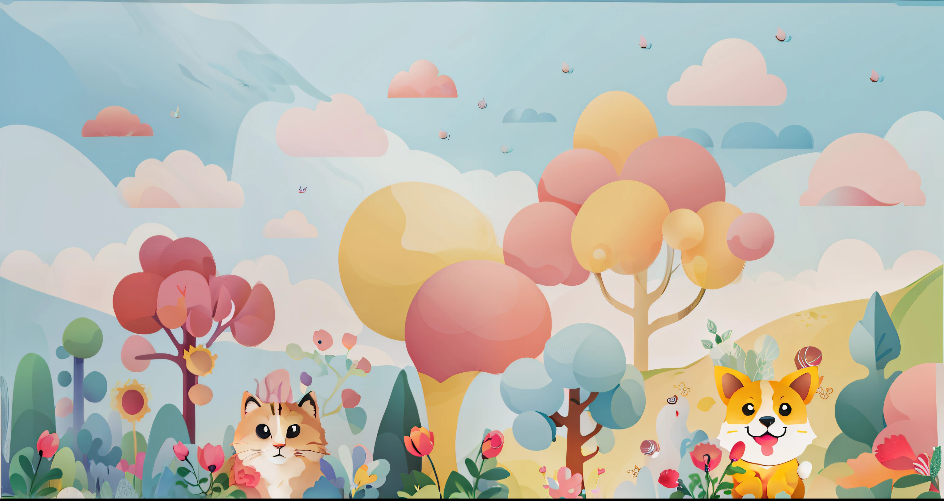 There are two cats standing on the grass, Candy Forest, soft forest background, Lovely numbers艺术, Fairy tale style background, Lovely numbers, hand painted cartoon art style, whimsical forest, Magic forest background, sky forest background, 4k high definition illustration wallpaper, Highly detailed scenes, Land of Light background, Cute and detailed digital art, Lying in Baiyun Wonderland