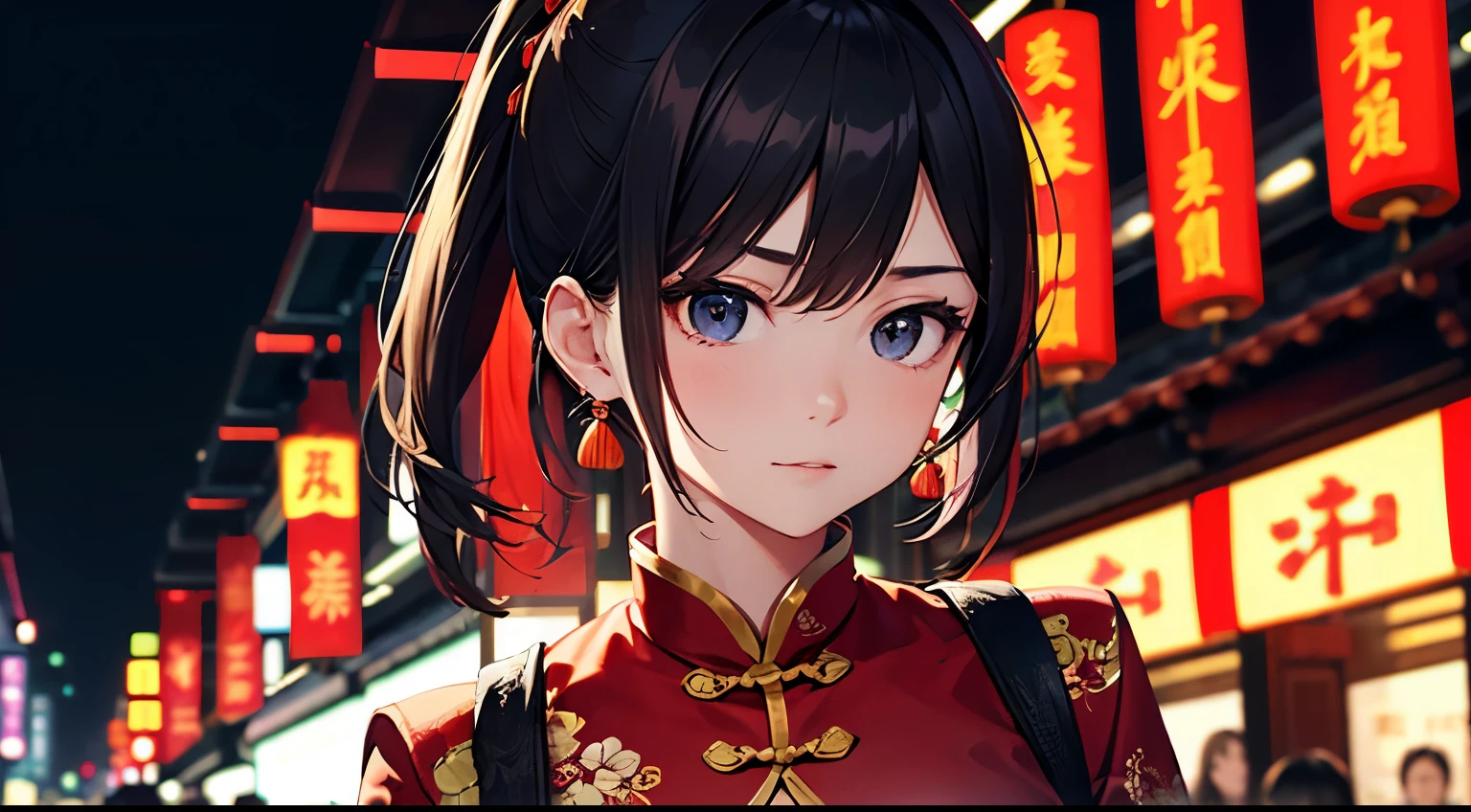 portrait of woman ,20yo,chinese,upper body,chinese clothes,Shanghai street,cinematic lighting,fighting  pose,