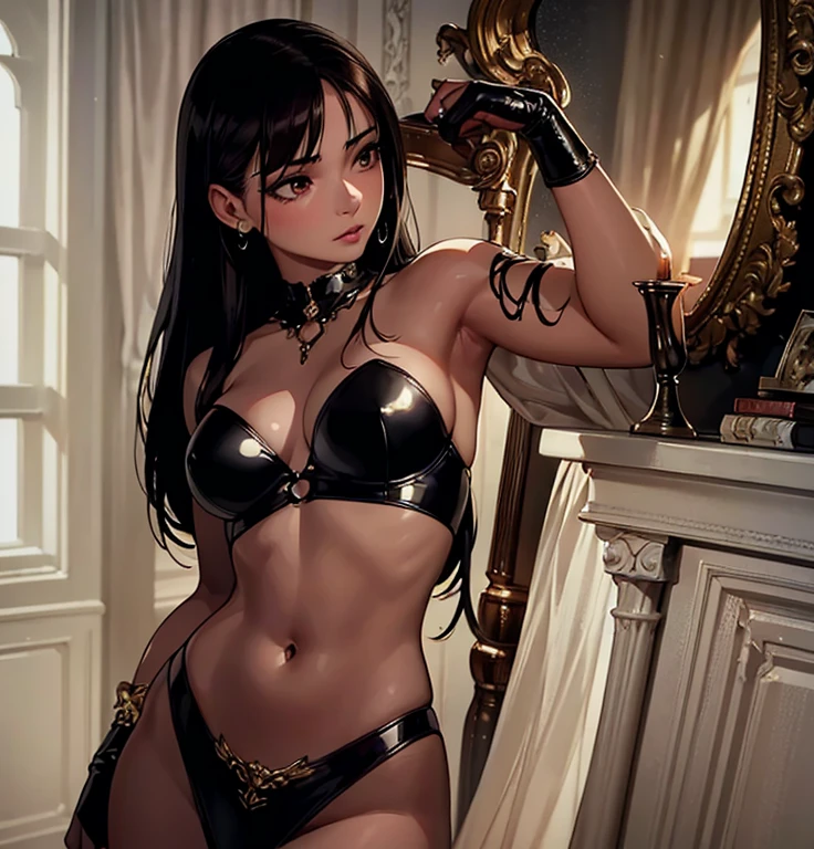 (realistic,photorealistic:1.37),oily skin,warm lighting,sultry,feminine beauty,piercing gaze,long flowing hair,sensual lips,subtle makeup,glossy textures,dramatic shadows,alluring expression,high contrast,erotic,provocative,soft focus,deep colors,desire,temptation,intense atmosphere,passionate,understated elegance,sexy+cool vibe,seductive aura,artistic portraits,dreamy ambiance,romantic mood,expressive intensity,raw emotion,true-to-life portrayal,impeccable details,radiant complexion,mysterious allure,mesmerizing presence,gorgeous aesthetic,unforgettable gaze,irresistible appeal,provocative poses,compelling features,unapologetic femininity,immersive experience