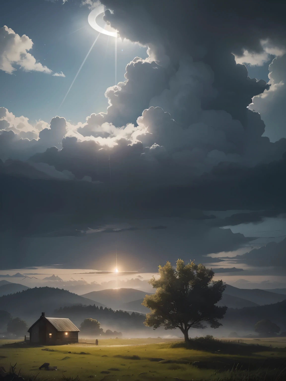 generate an illustration of a rural area in the magical realism genre, with bright, serene grey skies and a melancholic but hopeful atmosphere, a giant optical phenomenon of a halo can be seen from a distance away.