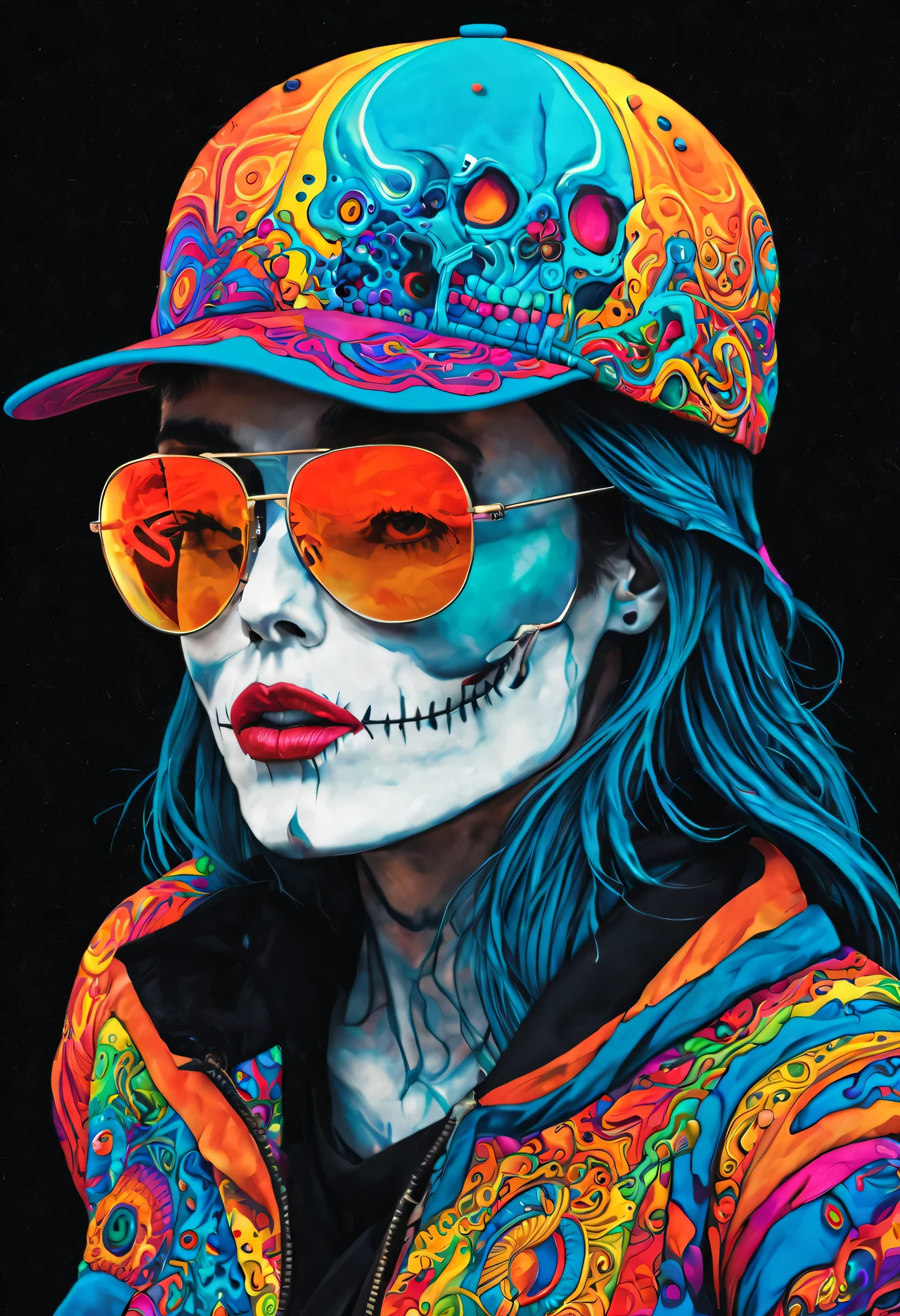 DMT Art Style, SkeletoNaut, fitted ball cap, stunna shades bright colors, surreal visuals, swirling patterns, DMT art style