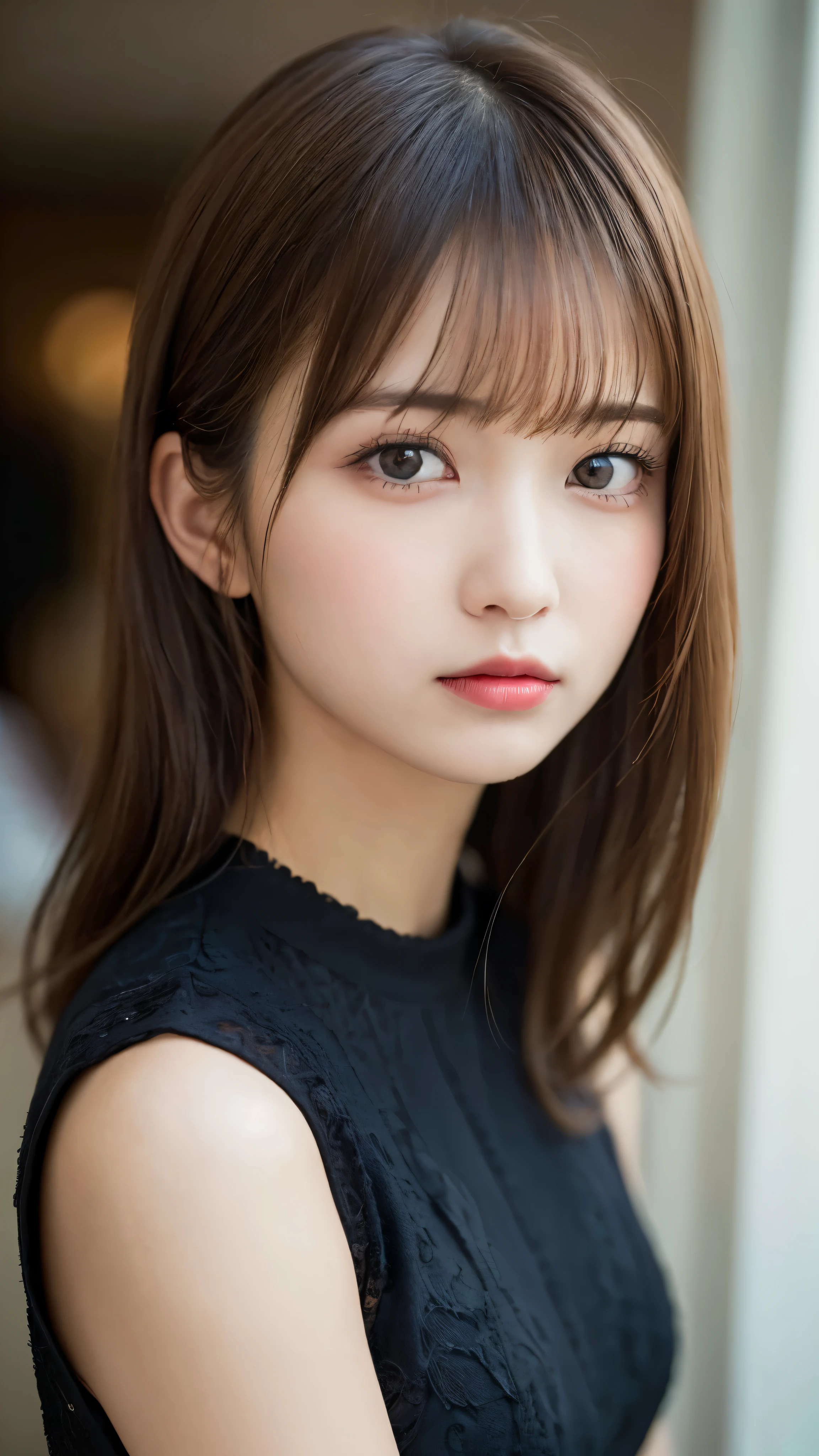 (masterpiece:1.5)、(realistic:1.5)、(highest quality:1.4、8K、RAW photo)、
ultra high resolution、professional lighting、perfect dynamic composition、indoors、
film grain、chromatic aberration、(Bokeh:1.1)、
Frank、Sophisticated、Charm、surreal、high detail、golden ratio、
(1 girl)、slender girl、繊細でCharm女の子、cute woman:1.4、
serious expression、looking at the viewer、
light brown hair、shining hair、Random cute hairstyles、
skin that looks real、
close your mouth、fine eyes、double eyelid、thin arms、
(Wearing a black party dress)