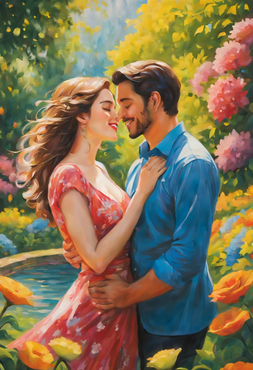 A loving couple in a beautiful garden,holding hands,sharing a laugh,embraced,close and intimate,connected by their love and affection,sharing a deep bond,happy and content. The scene portrays a sense of warmth and harmony, with vibrant colors and soft natural lighting.

The artwork is created using traditional oil painting techniques, capturing the rich texture and depth. The brushstrokes are visible, adding dynamism to the piece. The details are exquisitely rendered, with an emphasis on the couple's expressions, depicting their joy and admiration for each other. The eyes are beautifully detailed, reflecting their love and passion. The lips are also detailed, showcasing their tenderness and desire.

The overall image quality is of the highest standard, with a resolution of 4k or 8k. The level of detail is extraordinary, allowing every brushstroke and texture to be visible. The colors are vivid and vibrant, creating a captivating visual experience. The lighting is carefully crafted, with soft, warm tones that enhance the romantic atmosphere.

The art style can be described as romantic realism, capturing the essence of love and affection. The colors are rich and saturated, with a touch of softness and dream-like quality. The composition is well-balanced, with the couple as the central focus, surrounded by blooming flowers and lush greenery.

In conclusion, the prompt captures a perfect moment between two partners, celebrating their love and connection. The artwork showcases their happiness and affection in a beautiful garden setting. The details, colors, lighting, and art style all contribute to creating a high-quality and visually stunning image.