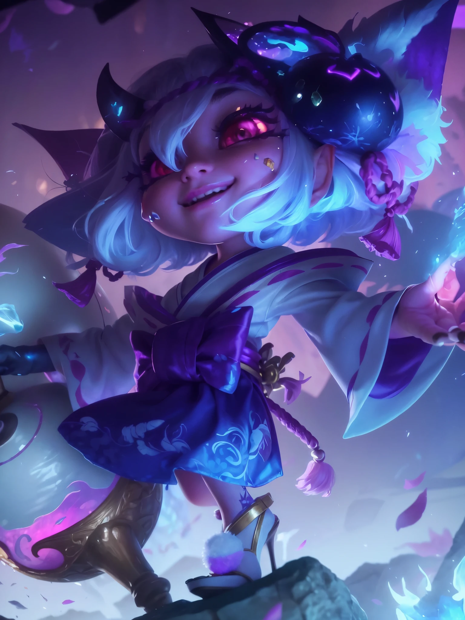 (best quality,4k,8k,highres,masterpiece:1.2),ultra-detailed,(realistic,photorealistic,photo-realistic:1.37),a girl wearing a kimono, holding a white gourd in her left hand and a cluster of purple flames in her right hand, (pointed elf ears:1.2), (smiling), (purple lips), (short white hair:1.1), purple skin, (gorgeous clothes), (white high heels), (realism:1.3), painted in a mysterious style