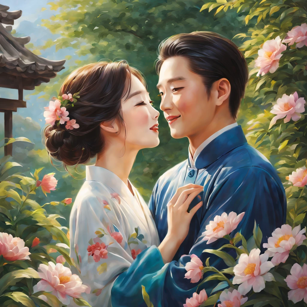 A loving couple in a beautiful garden，Hand in hand，Laugh heartily，Hug together，close and intimate，connected by their love and affection，share a deep bond，happy and satisfied。该场景以充满活力的color和柔和的自然光线描绘了一种温暖的感觉。
The work was created using traditional oil painting techniques，Capture rich texture and depth。Brushstrokes are clearly visible，Adds vitality to the work。detail处理得很精致，The focus is on the expressions of the couple，depicts their joy and admiration for each other。这双眼睛detail优美，reflect their love and passion。The lips are also very delicate，Showing their tenderness and desire。
Overall image quality reaches the highest standards，The resolution is 4K or 8K。detail层次非凡，Make every stroke and texture clearly visible。color生动而充满活力，Create a captivating visual experience。The lighting is carefully crafted，Soft, warm tones enhance the romantic atmosphere。
This art style can be described as romantic realism，Capturing and Emotional Essence。color丰富而饱和，With a touch of softness and dreamy texture。The composition is very balanced，Centered on the couple，Surrounded by blooming flowers and lush greenery。
at last，Tip captures the perfect moment between two partners，celebrate their love and connection。This artwork shows their happiness and emotions in a beautiful garden setting。detail、color、Lighting and artistic style both contribute to the high quality、Visually stunning images。