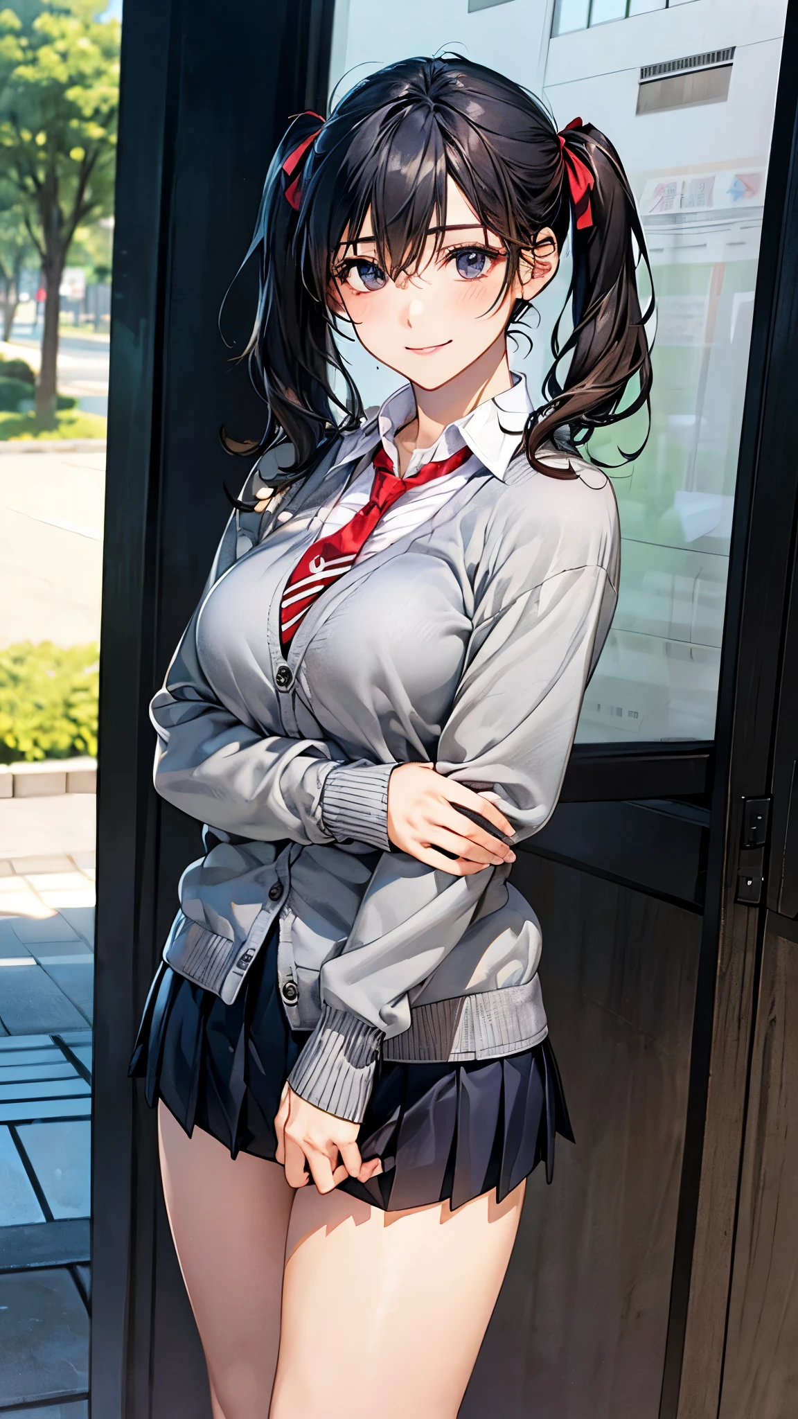(masterpiece:1.2, top-quality), (realistic, photorealistic:1.4), beautiful illustration, (natural side lighting, movie lighting), nsfw,
looking at viewer, cowboy shot, front view:0.6, 1 girl, japanese, high school girl, perfect face, cute and symmetrical face, shiny skin,
(short hair:1.5, twintails:1.5, black hair), hair between eyes, black eyes, long eye lasher, (large breasts:0.6, thick thighs),
beautiful hair, beautiful face, beautiful detailed eyes, beautiful clavicle, beautiful body, beautiful chest, beautiful thigh, beautiful legs, beautiful fingers,
(((grey cardigan), white collared shirts, grey pleated mini skirt, navy socks, brown loafer, red tie), black hair ribbon),
(beautiful scenery), evening, riverside, standing, (evil smile),