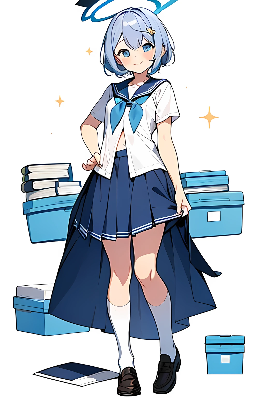 [(NO BACKGROUND:1.5),::5] (WHITE BACKGROUND:1.5), [(Blue Archive:1.5)::,5] (School Uniform:1.5), (:1.5), [(Blue Style:1.5),::5] standing, full body, (1girl:1.5), solo, masterpiece, highres, 4k, high quality, digital art, sparkling eyes, (loli), Uniform, (blue clothes:1.4), (black skirt:1.2), (Blue Archive style:1.3), blue eyes, white hair, (Halo:1.5), (Thigh:1.3), (small breasts:1.4), short hair, (bare arms, bare hands:1.4), (short sleeve:1.3), smiling