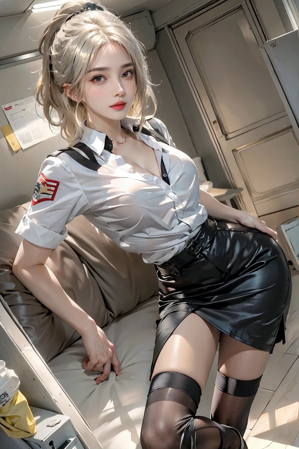 realistic, High resolution, soft light,1 female, alone, hip up, glowing skin, (detailed face),tattoo, jewelry, Secretarial Uniform, white shirt, black skirt, black stockings, garter belt, night, blonde hair, wavy hair, Beautiful Soldier, Eyes that invite the viewer, lover&#39;s perspective, an inviting look, sexy smile, perfect style, perfect balance, fine skin, naughty look, I can see your chest