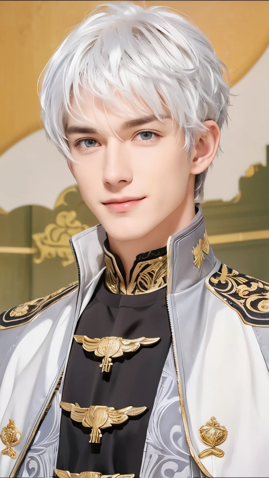 A man with realistic white hair, (same realistic hairstyle), realistic handsome face, realistic smiling expression, adapts the same realistic clothes, same realistic accessories, realistic light, realistic shadows, realistic background, good image quality, very good image results, ultra detailed, realistic,