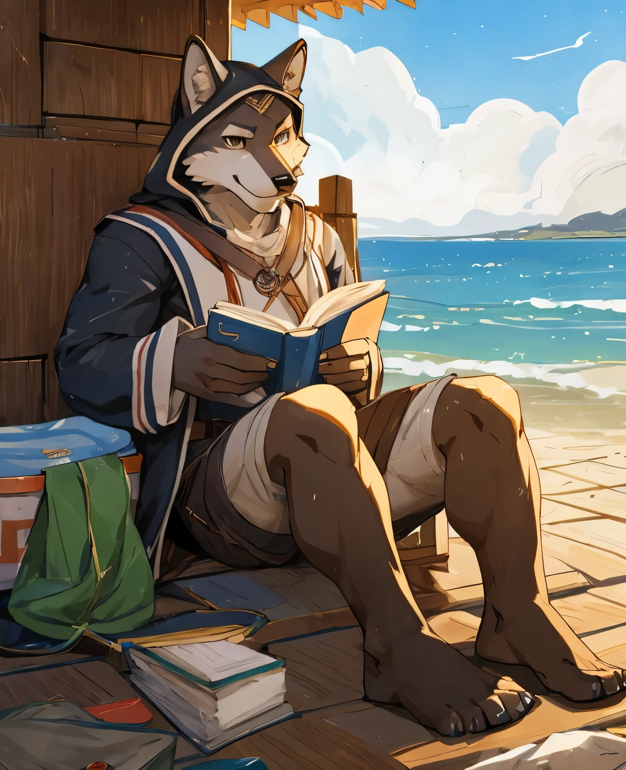 gray,wolf,slim,smile,hood,sit on ground and reading book,sun,, male, anthro, furry,, by milkytiger1145,by null-ghost