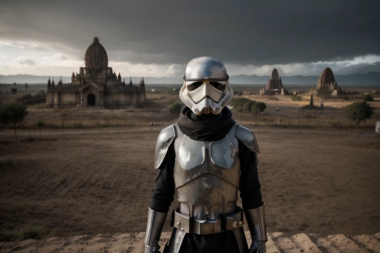 4k, anakin jedi com um sabre de luz, contato visual, foco, fundo em ambientes fechados, precision, ((((cinematic visual)))), tons suaves, detalhes insanos, detalhes intrincados, hiperdetalhado, baixo contraste, soft Cinematic Light, cores escuras, exposure blending, hdr, desbotadas, slate grey atmosphere and a stormtrooper, agonizante , Armadura sangrienta, en el campo de batalla, de rodillas, epopeya, 8k, bagan temple in the background