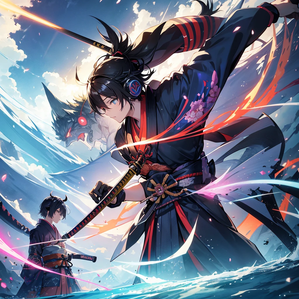 computer世界の風景、Colorful kimono、((Male Samurai))、headphones、(arms、Katana、have a weapon)、like the photo、fantasy、computer、